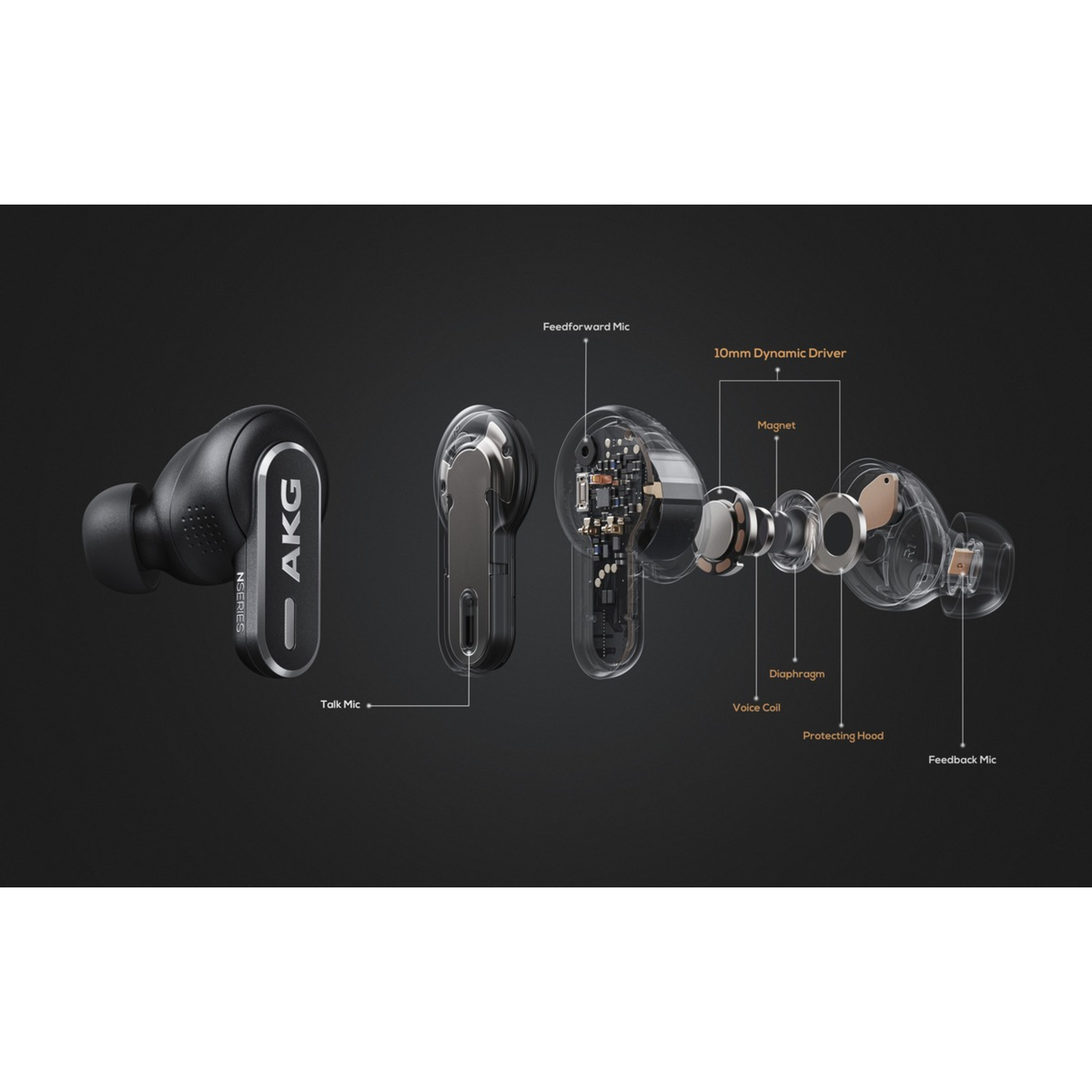 Exploded view of black AKG earbuds with labeled internal components.