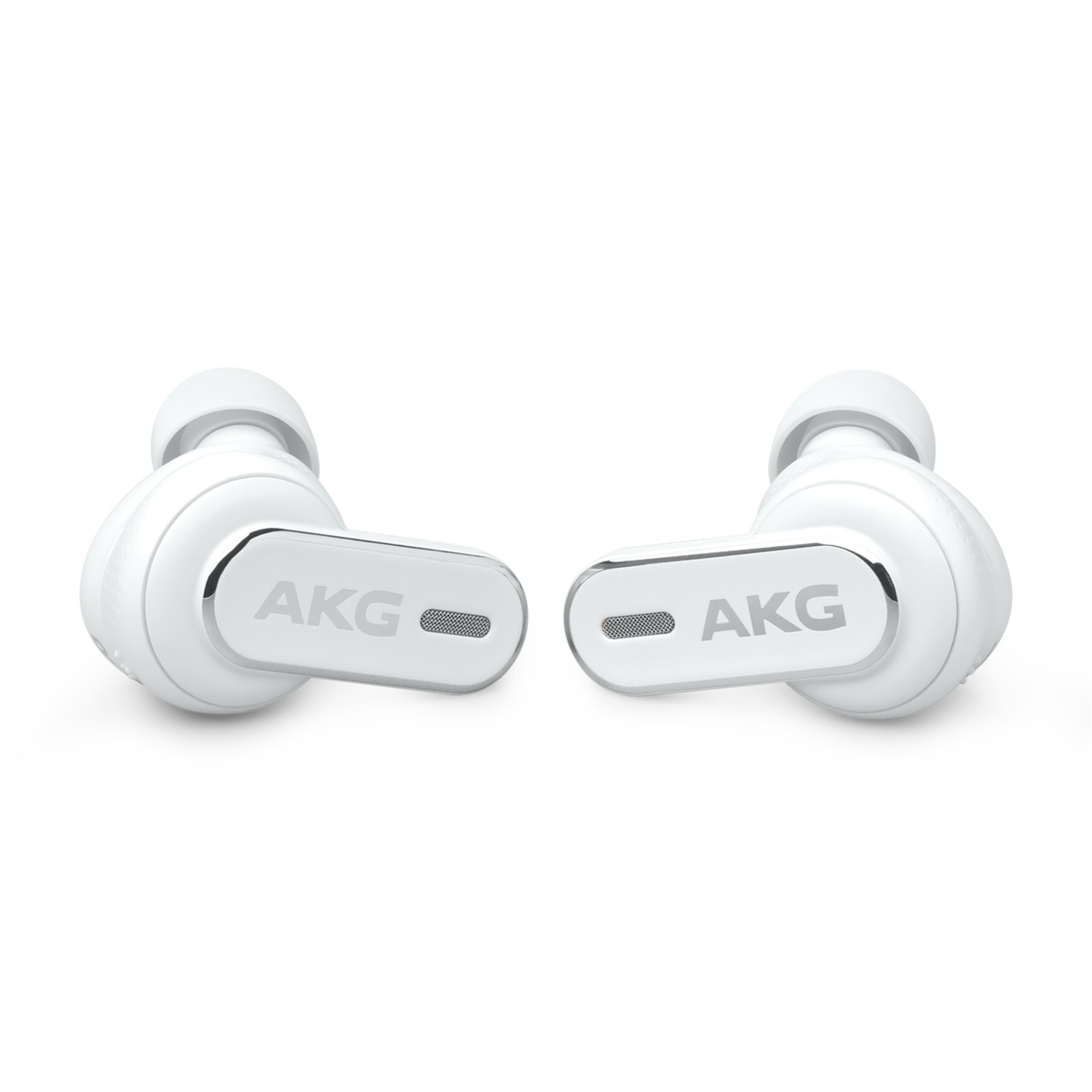 White AKG earbuds with the AKG logo on a white background.