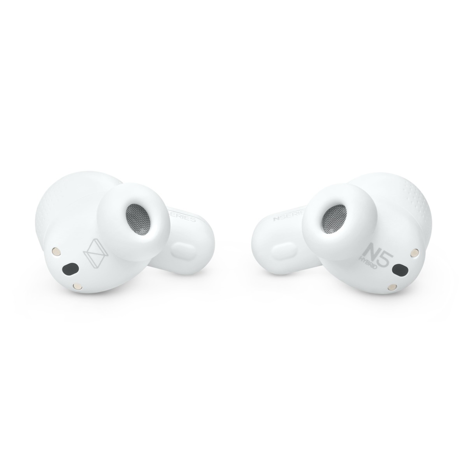 Two white wireless earbuds on a white background. The earbuds have a mesh and the text 'N5 Hybrid'.