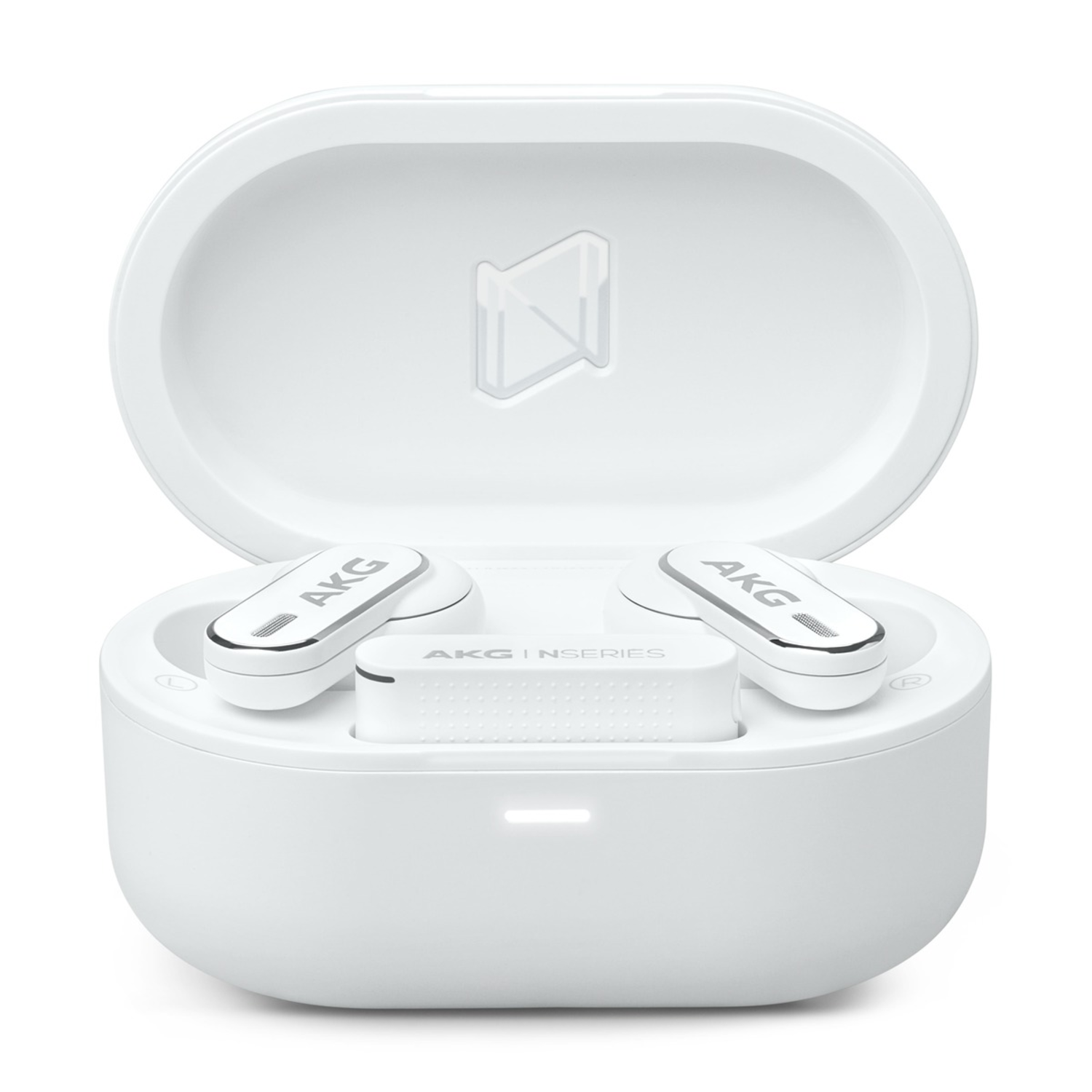 White AKG earbuds in an open charging case. White background.
