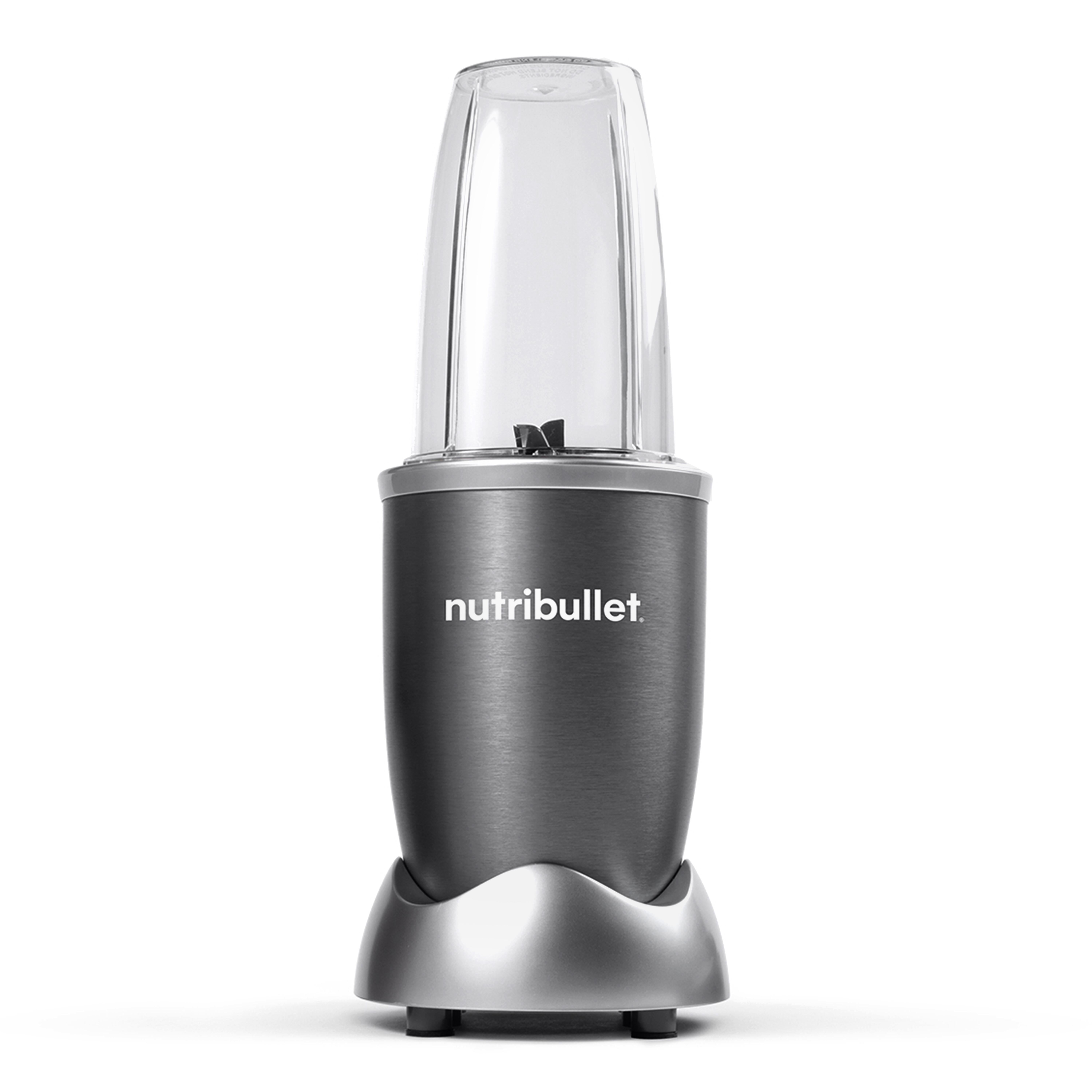 Nutribullet-Mixer auf weißem Hintergrund. Die Basis ist dunkelgrau, der Becher ist klar.