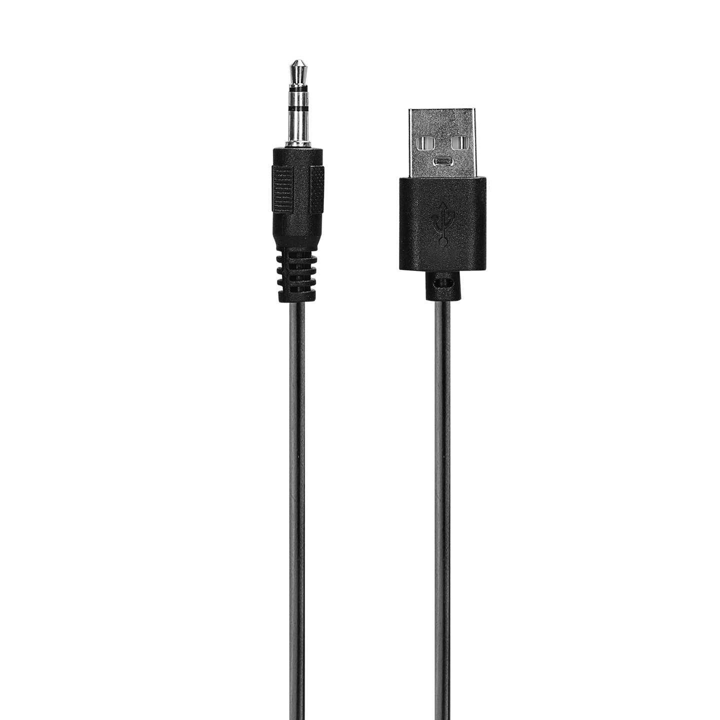 Siyah 3,5 mm ve USB kabloları, yan yana. Siyah konektörler ve siyah kablo.