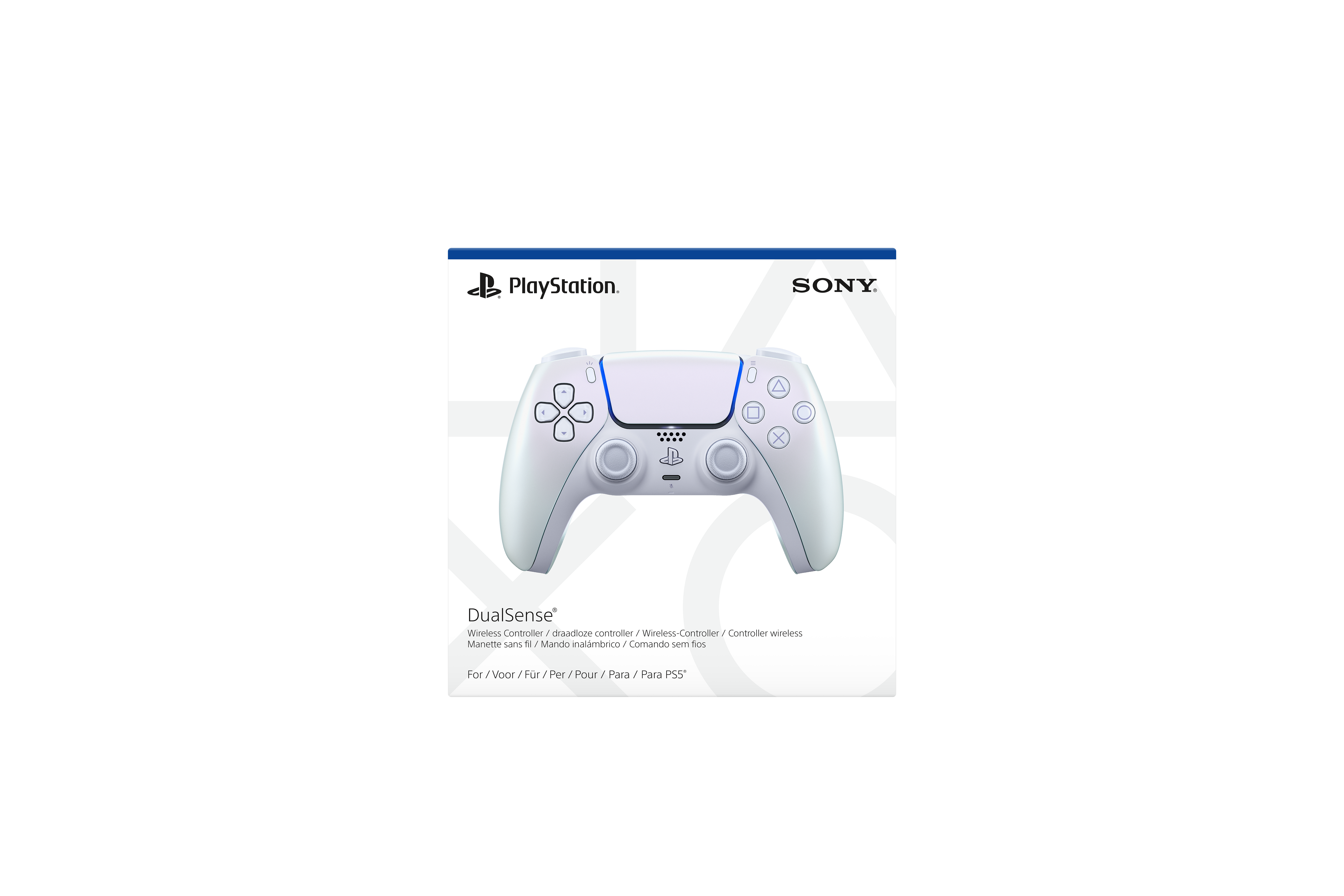 Ein weißer Playstation DualSense-Controller in einer schwarzen Box. Der Hintergrund ist ganz schwarz.