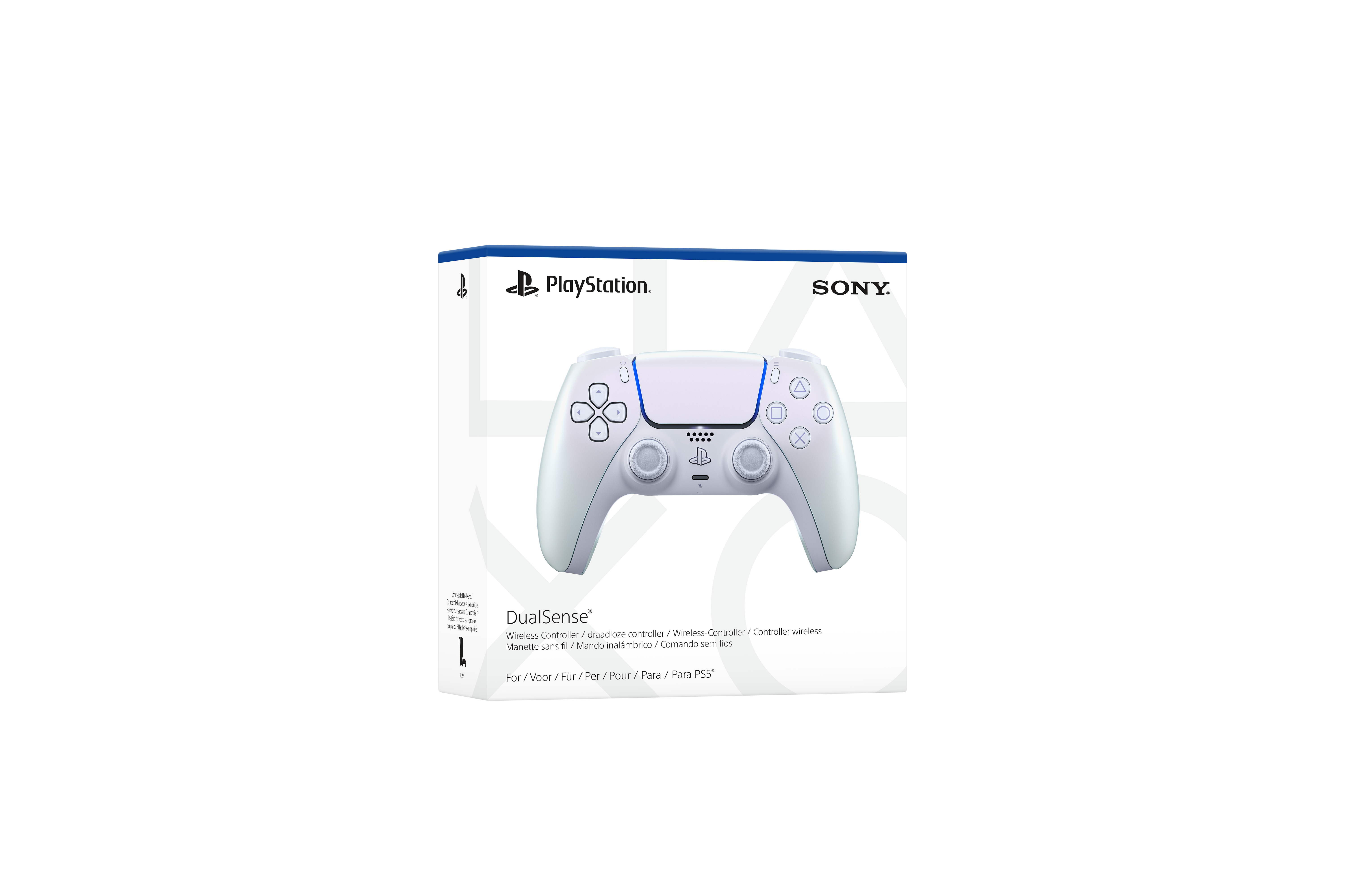 Ein weißer PlayStation 5 DualSense-Controller in seiner Box vor schwarzem Hintergrund.