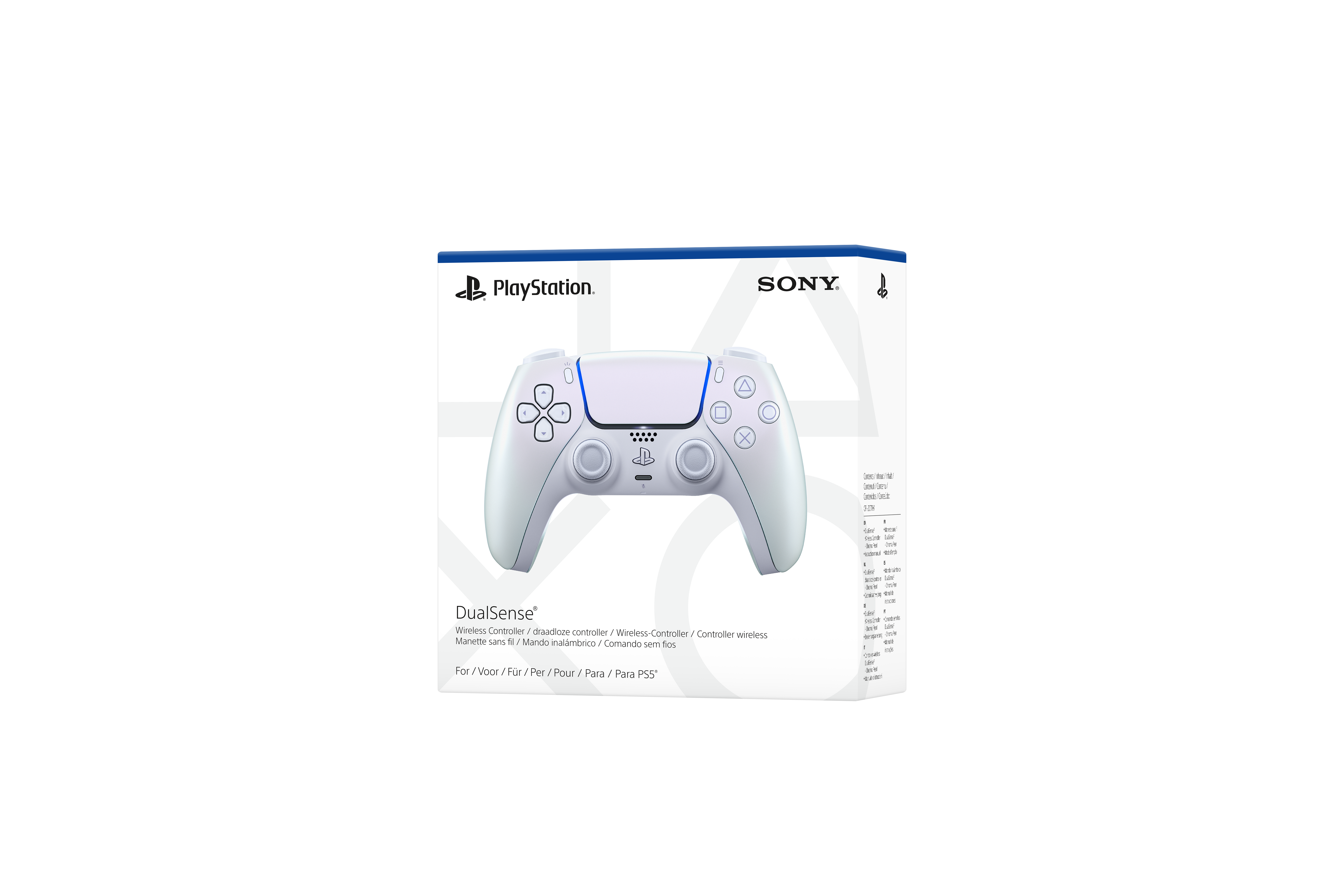 Weißer Playstation DualSense-Controller in seiner Box, isoliert auf schwarzem Hintergrund.