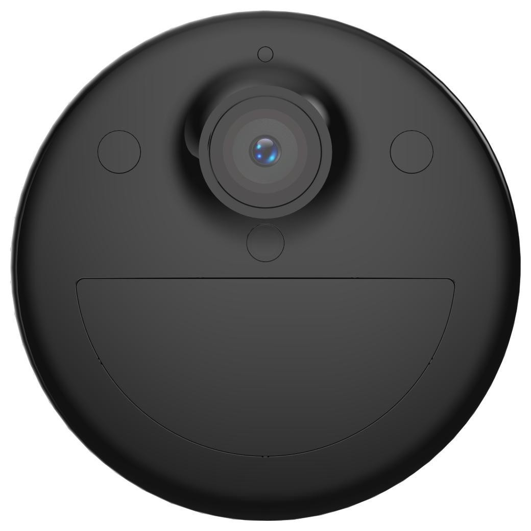 Czarna kamera bezpieczeństwa, okrągła, z obiektywem i otworami na górze.