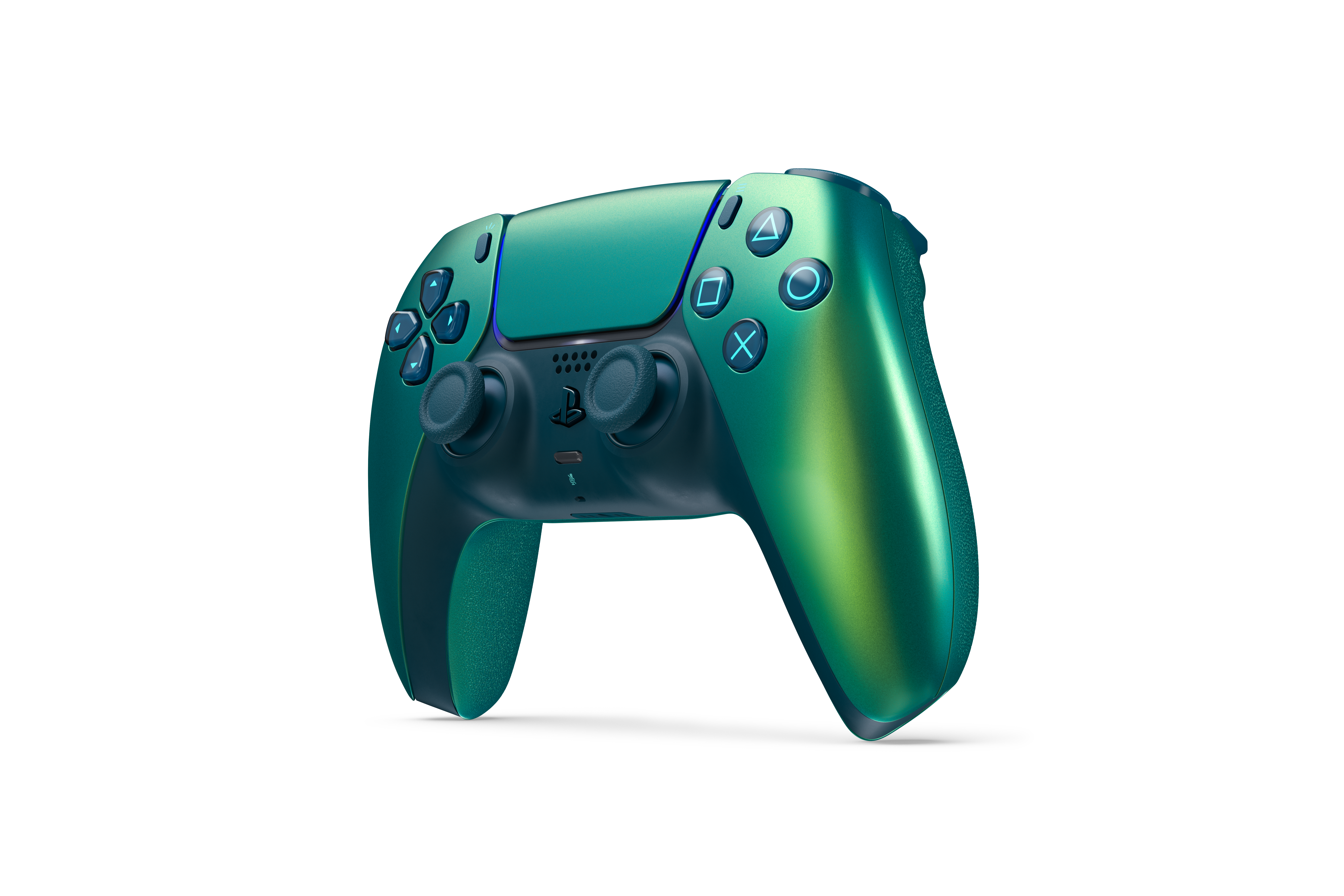 Ein Controller mit grünem Farbverlauf und Tasten, vor weißem Hintergrund.