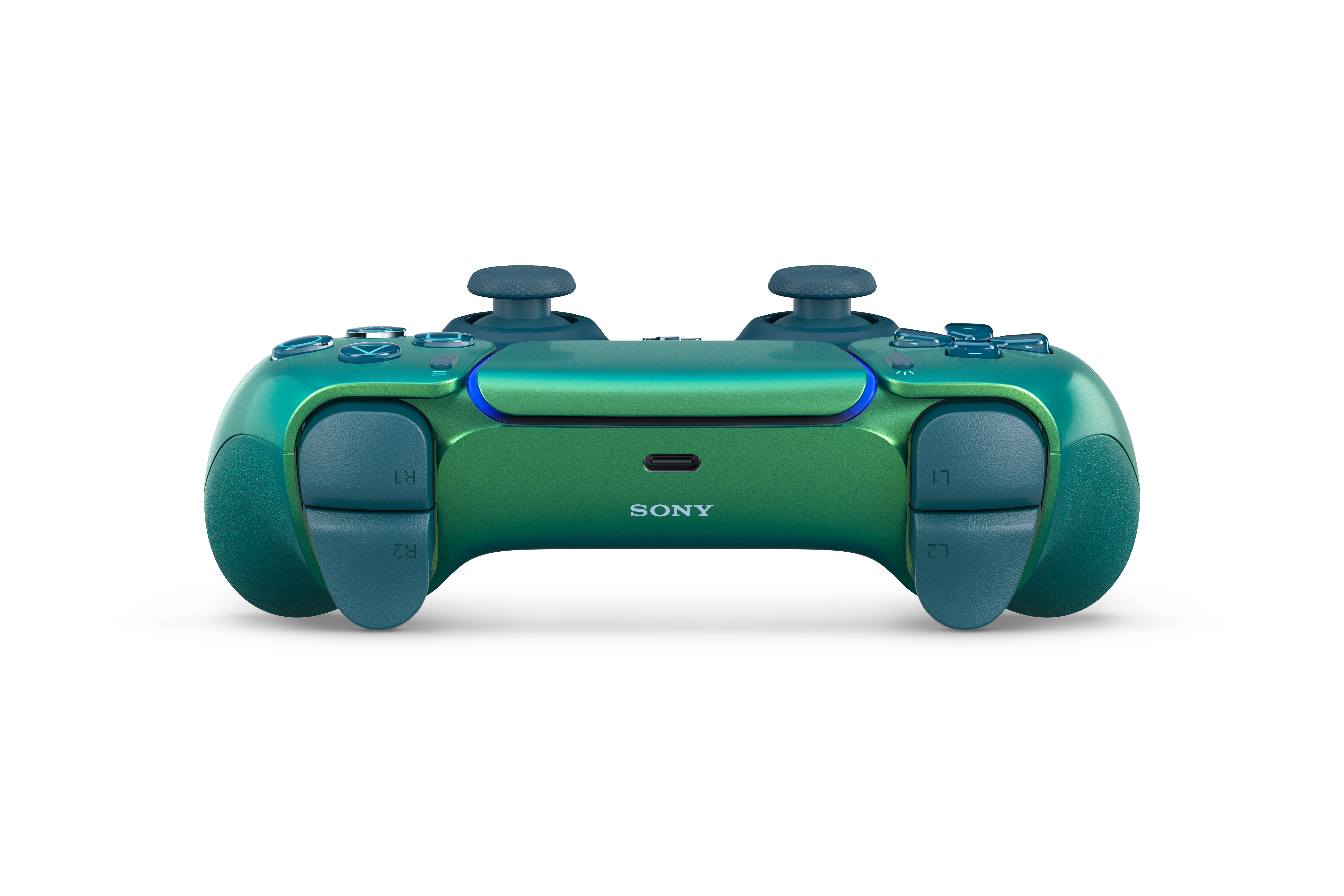 Ein grüner und blauer Playstation-Controller, von hinten betrachtet, auf weißem Hintergrund.
