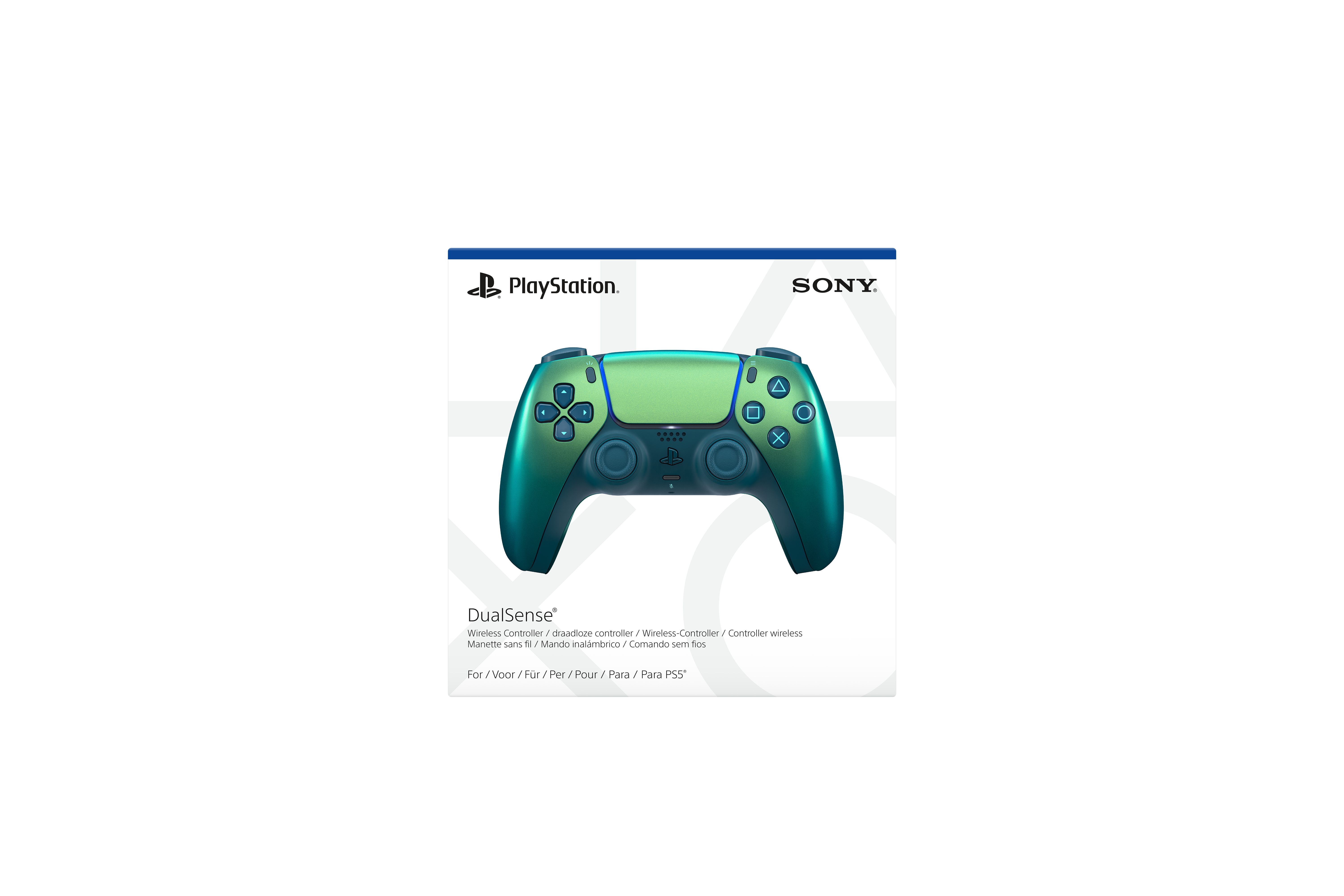 PlayStation DualSense Controller-Box. Grün-blauer Farbverlauf-Controller. Schwarzer Hintergrund.