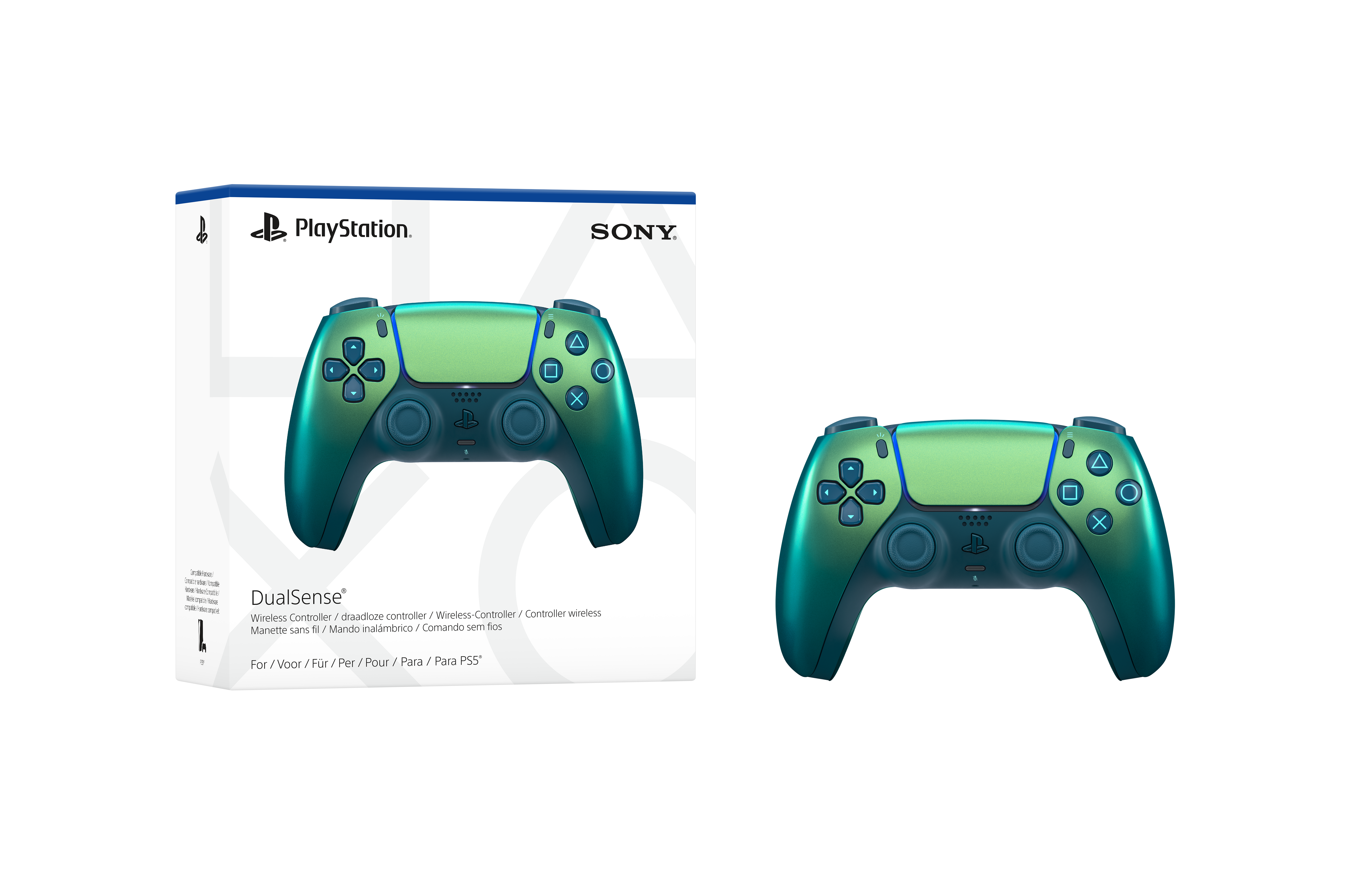 Grüner und blauer Controller mit seiner Box. Controller hat Knöpfe. Sony-Logo.