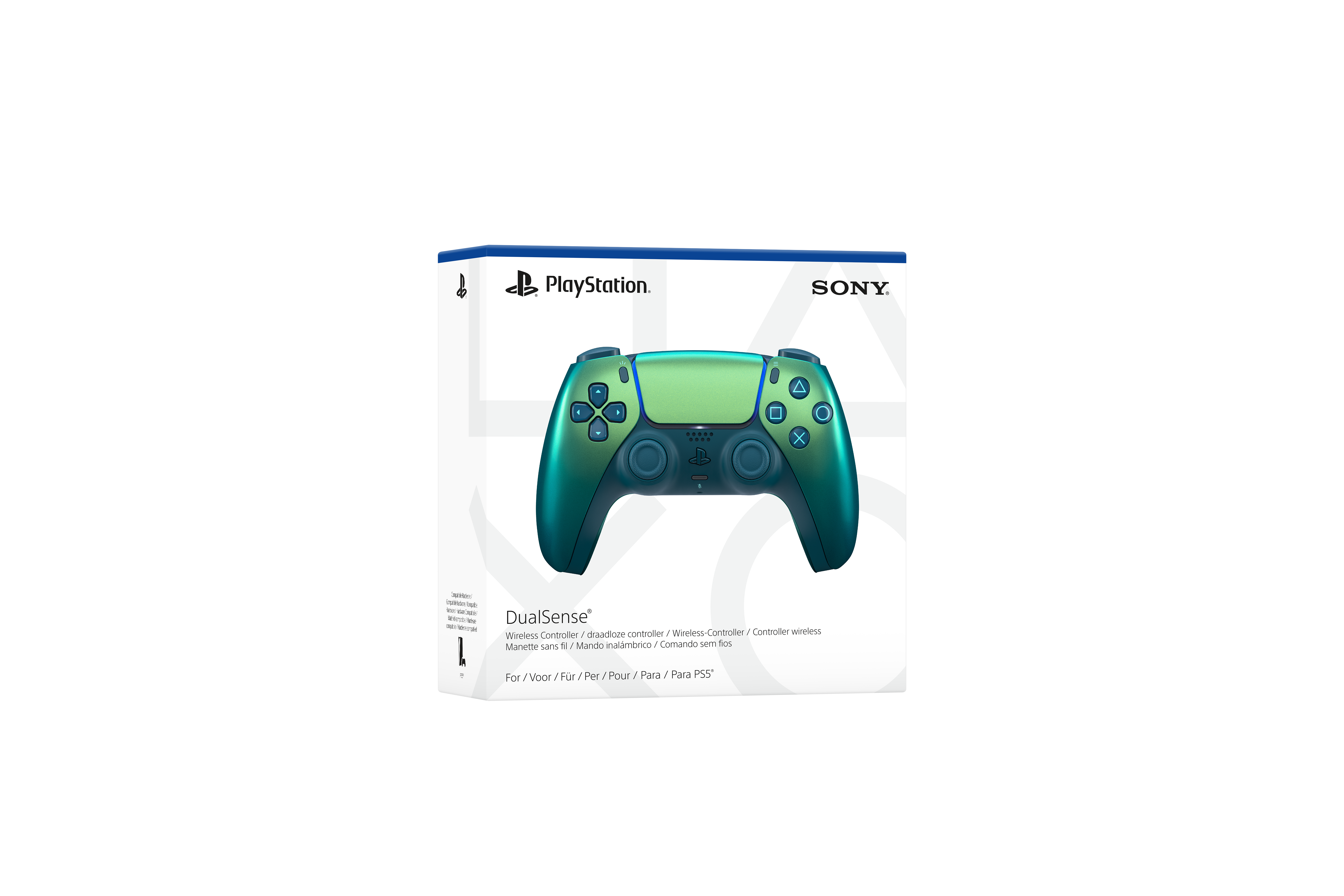Ein PlayStation DualSense Controller in einer Box. Der Controller hat ein grünes und blaues Farbschema.