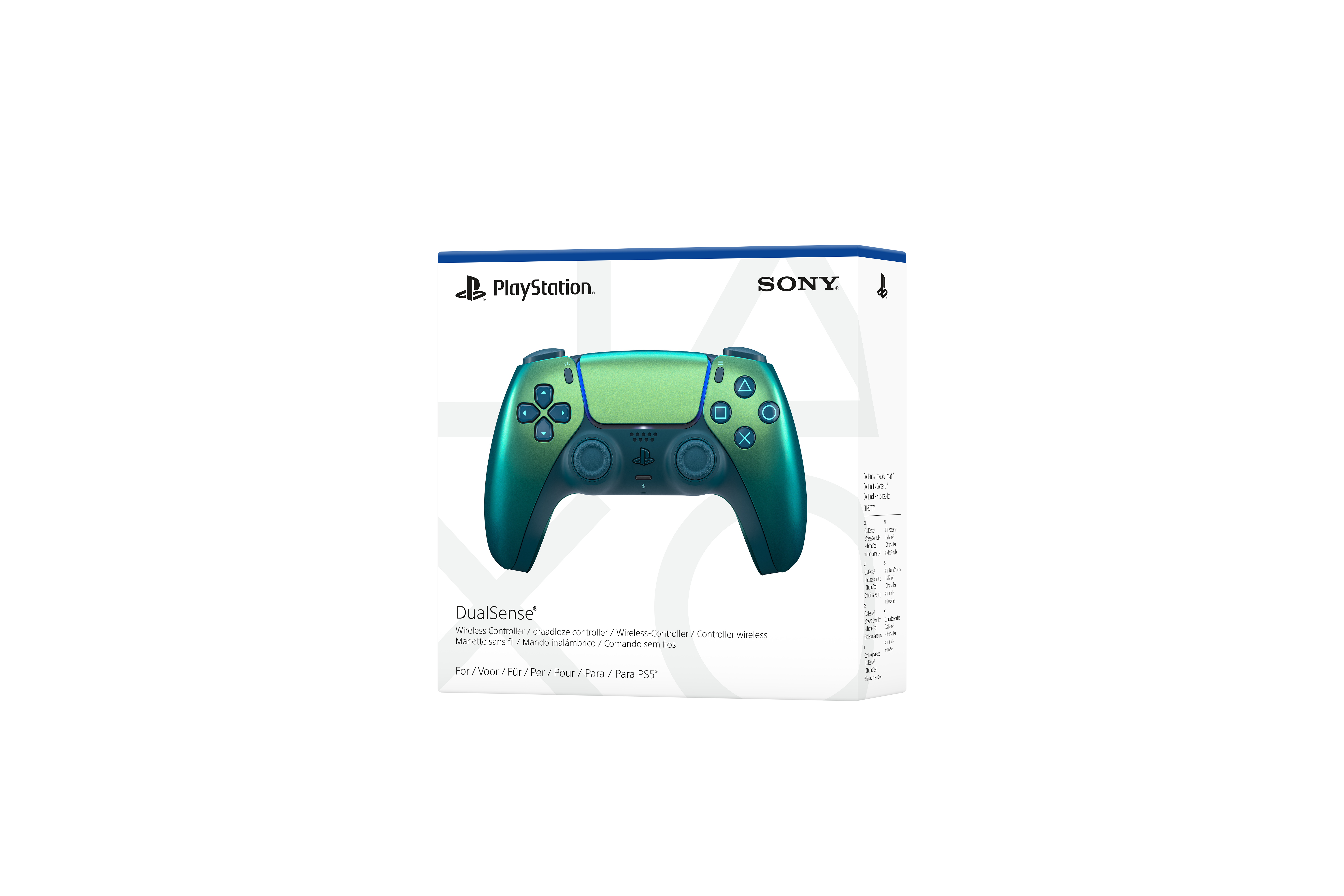 Ein türkisgrüner Playstation DualSense-Controller wird in der Originalverpackung vor schwarzem Hintergrund gezeigt.
