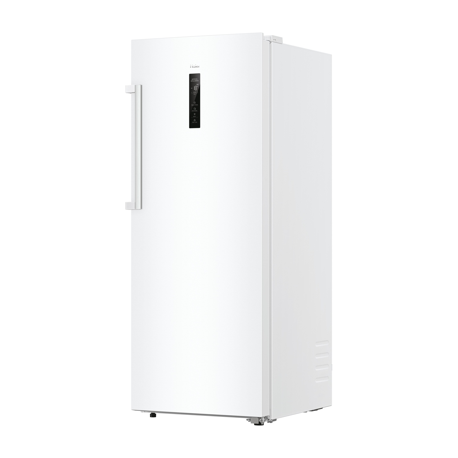 Un frigorifero bianco con un display nero sulla porta.