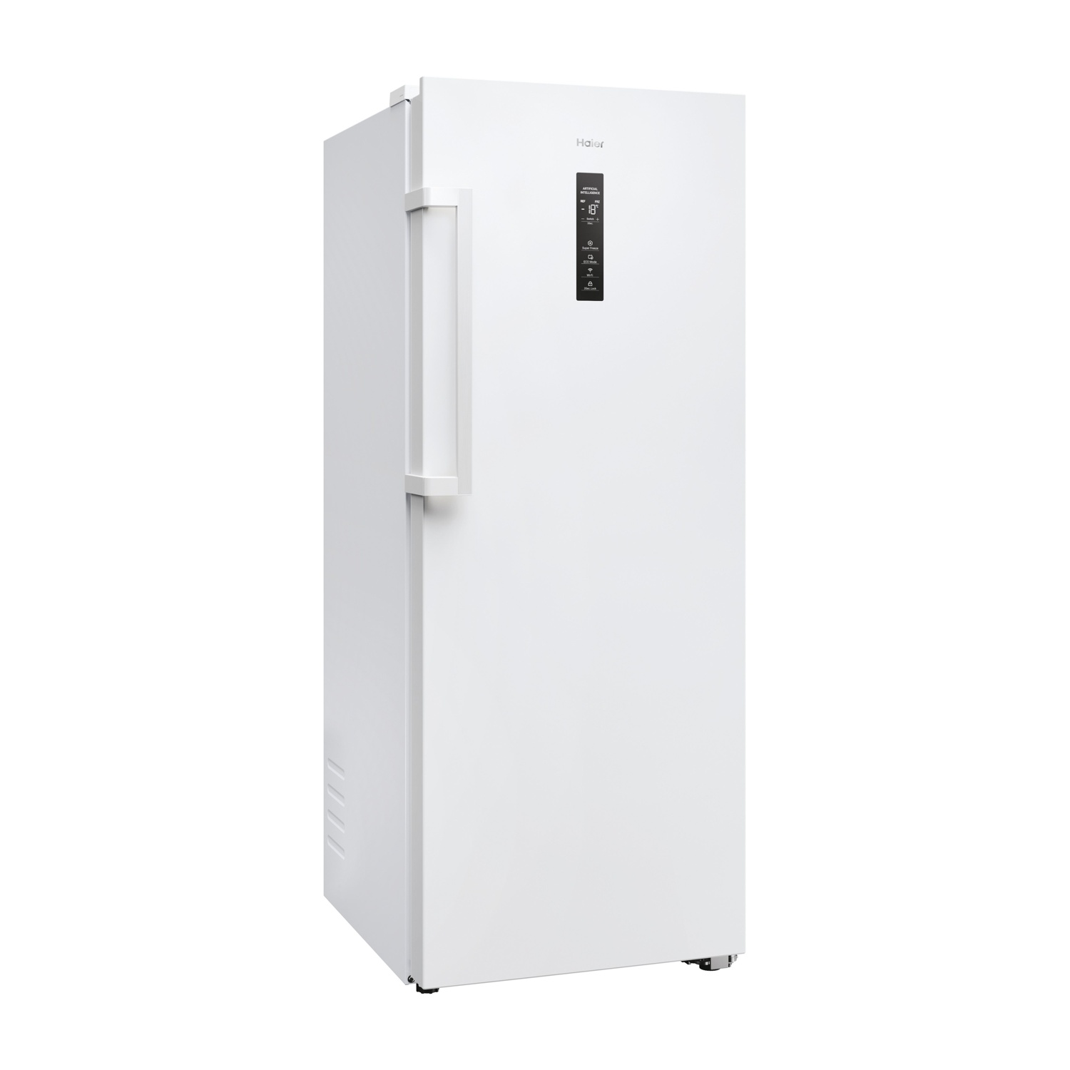 Un frigorifero Haier bianco con display digitale.