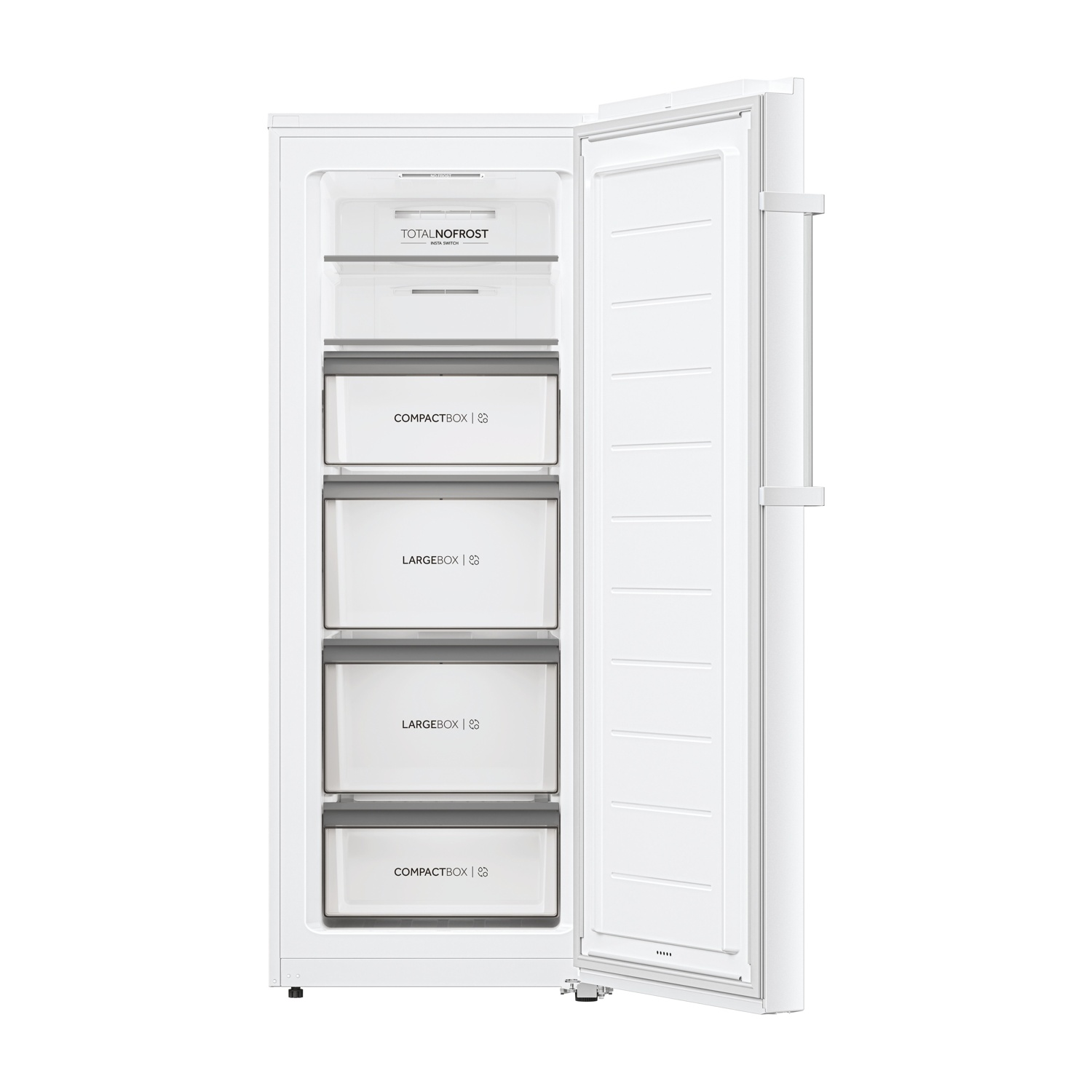 Congelatore bianco con porta aperta, che rivela cassetti. Vista interna.