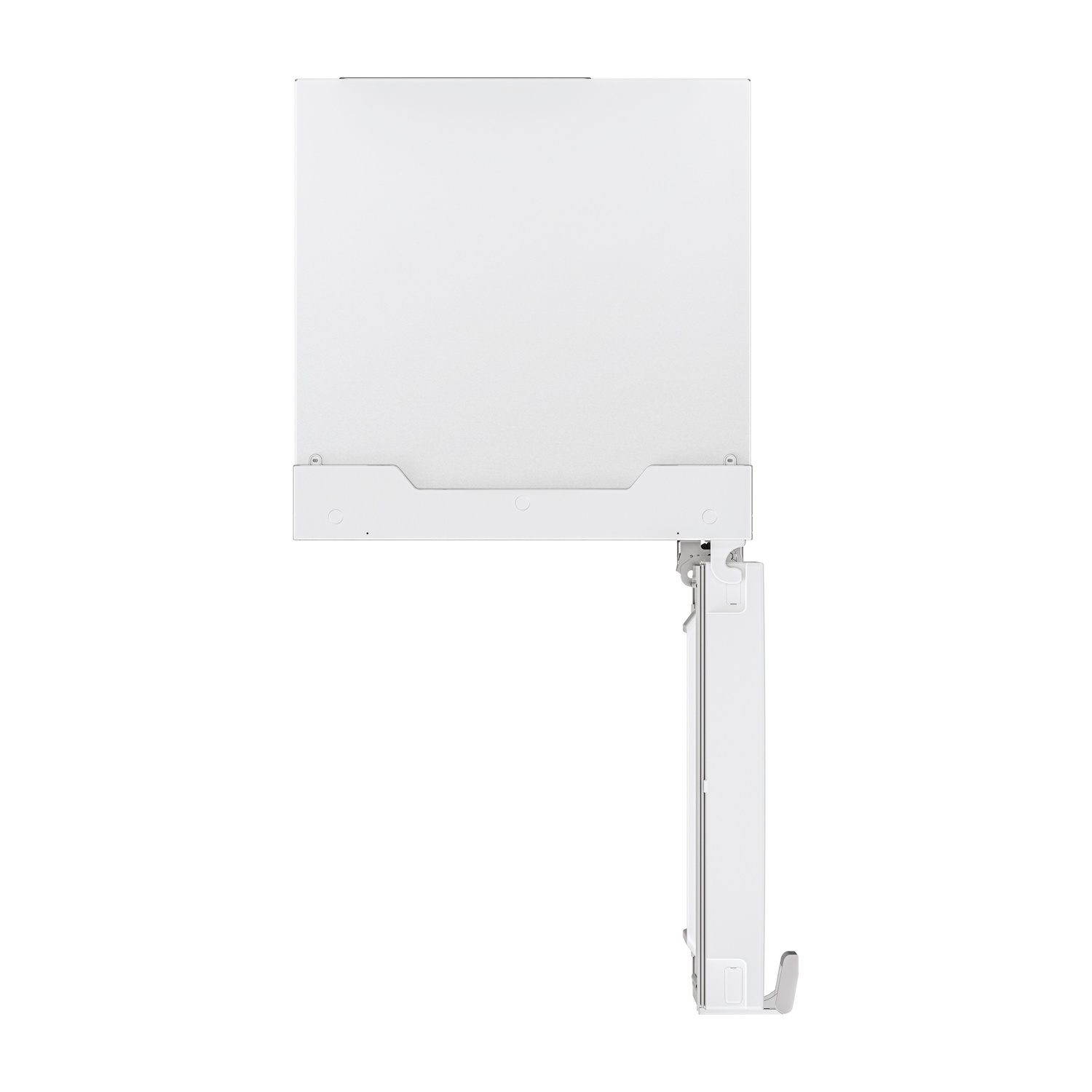 Mobile bianco con vista laterale, che mostra un meccanismo e la parte superiore. Sfondo bianco semplice.