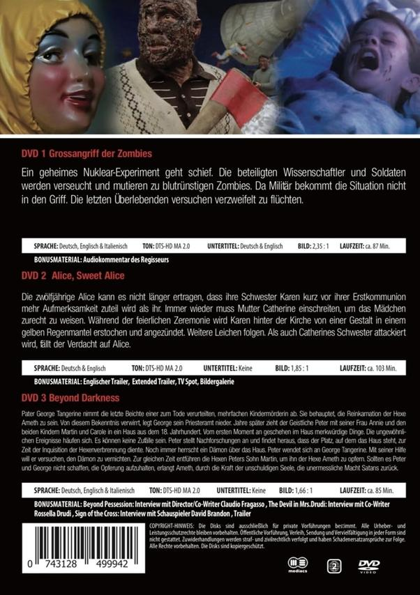 DVD-Hüllen mit Filmtexten. Der Hintergrund hat verschwommene Gesichter und einen Filmtitel.