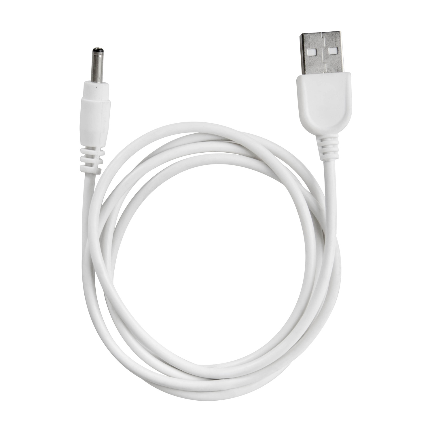 Cavo USB bianco, arrotolato, con connettore USB-A e connettore DC.