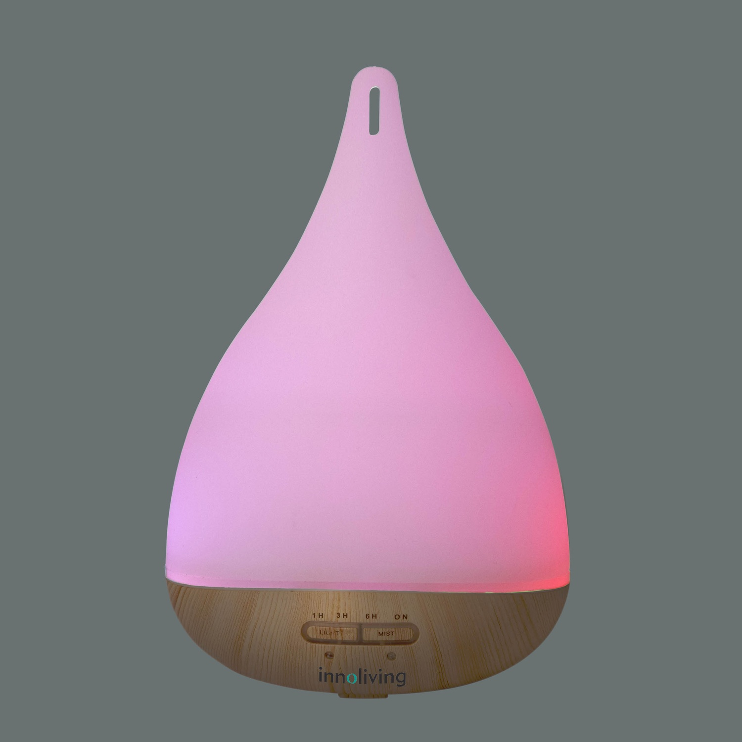 Diffusore di aromi rosa e legno, con impostazioni luce e nebbia visualizzate frontalmente.