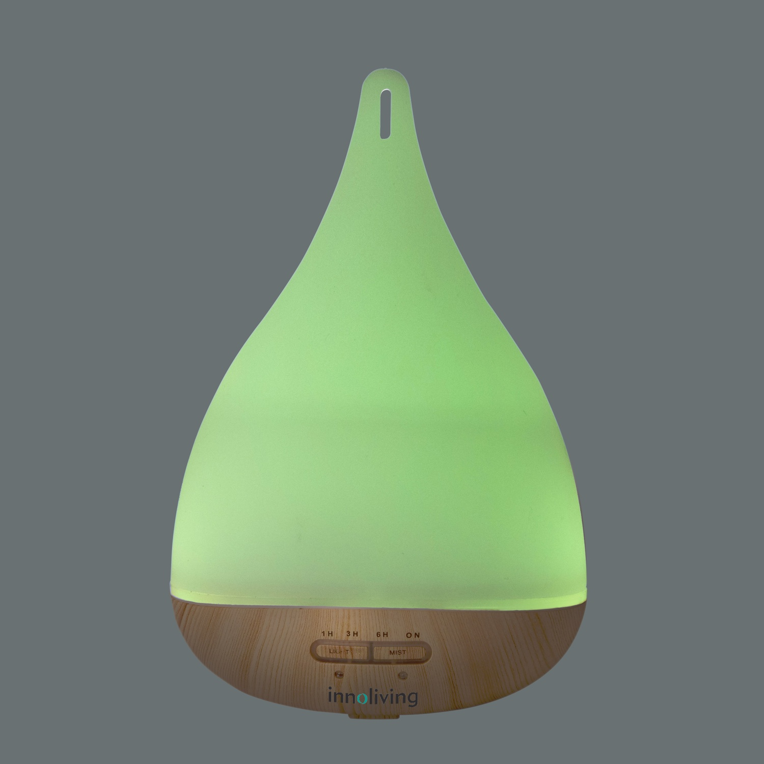 Diffusore di aromi verde a forma di goccia con base in legno. Pulsanti e logo.