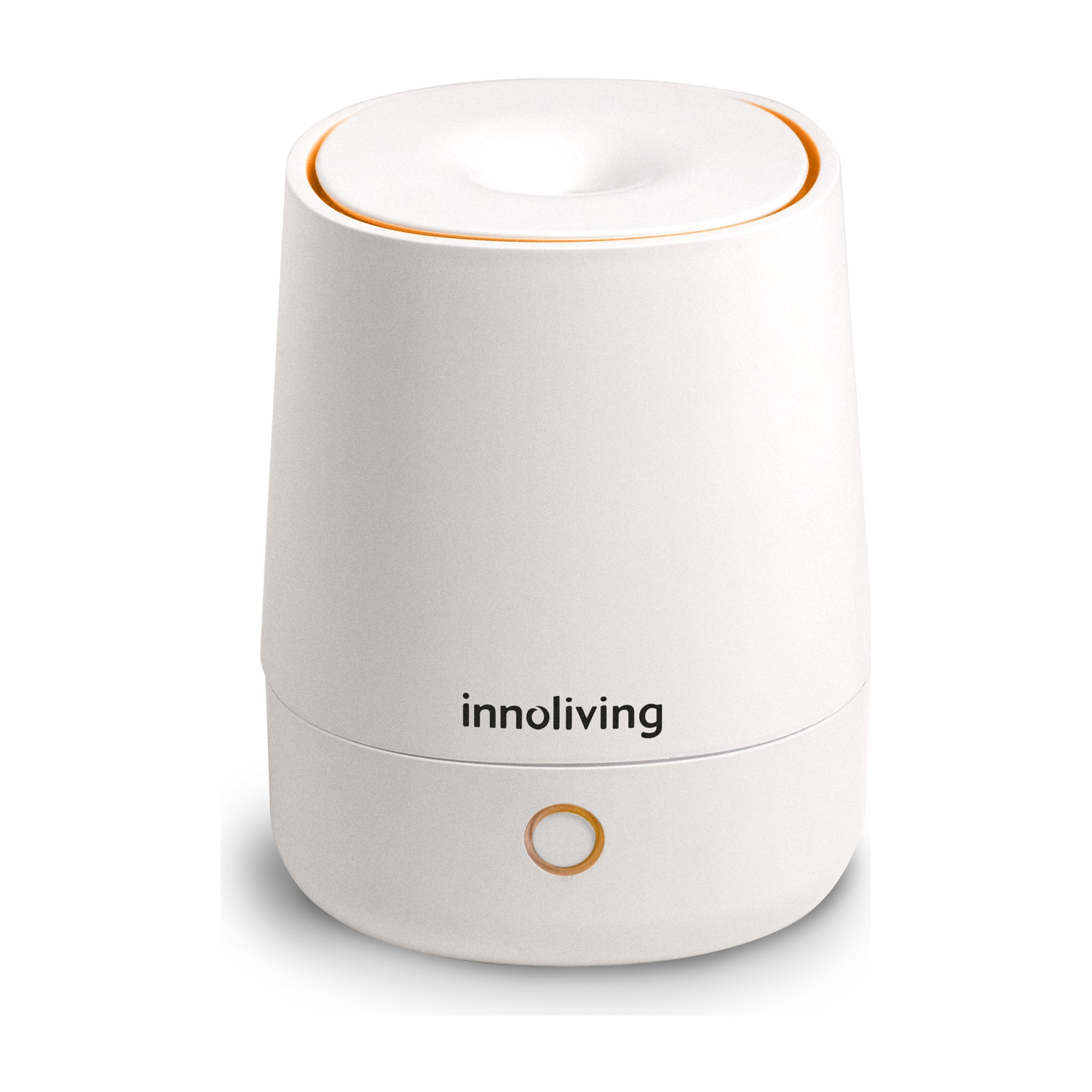 Diffusore di aromaterapia cilindrico bianco con un anello dorato. Il marchio 'innoliving' è in basso.