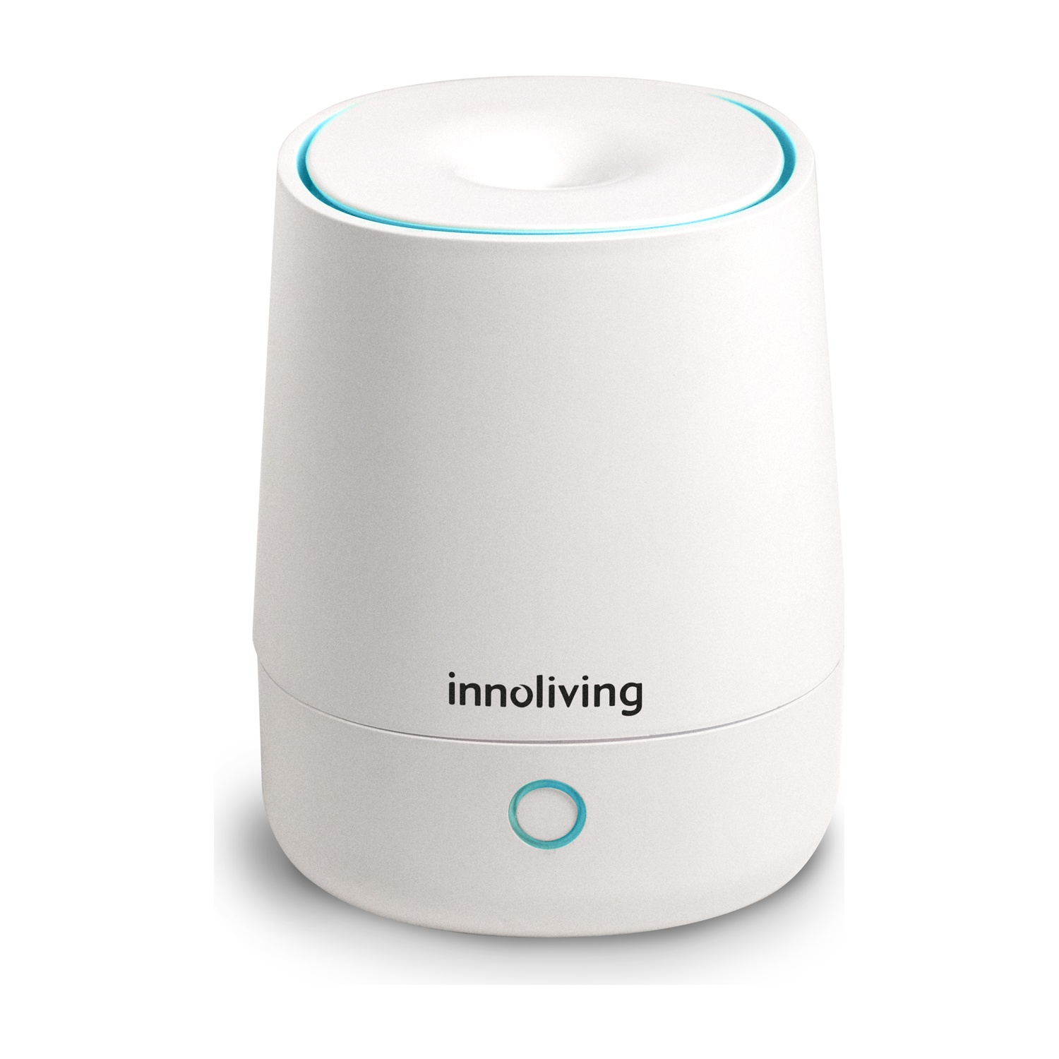 Un diffusore per aromaterapia bianco con una luce blu in alto. Il marchio, Innoliving, è visibile.
