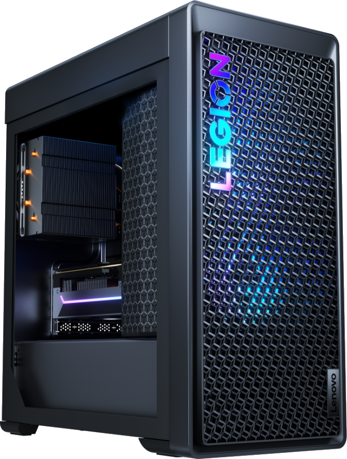 Schwarzes Computergehäuse mit beleuchtetem 'LEGION'-Logo, zeigt interne Komponenten, schwarzer Hintergrund.