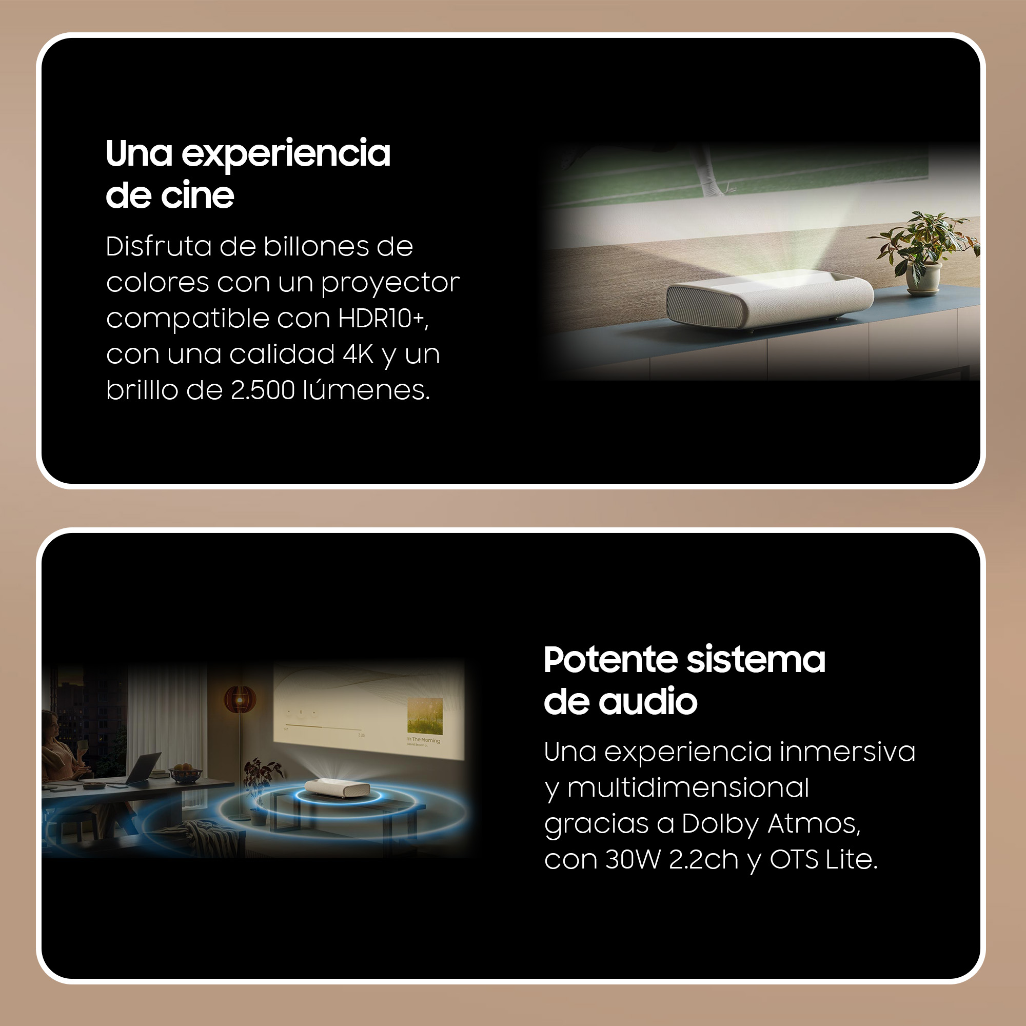 Dos imágenes con texto sobre una configuración de cine en casa, una con un proyector y otra con un sistema de sonido.