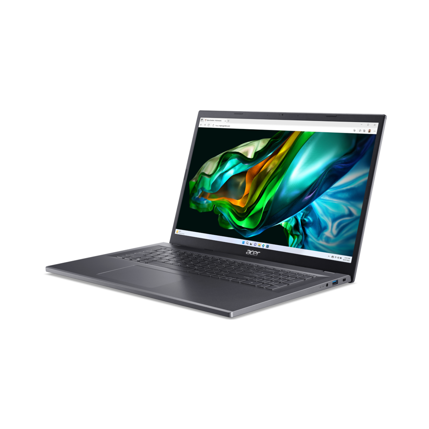 A silver laptop with a colorful screen display, set against a black background.
