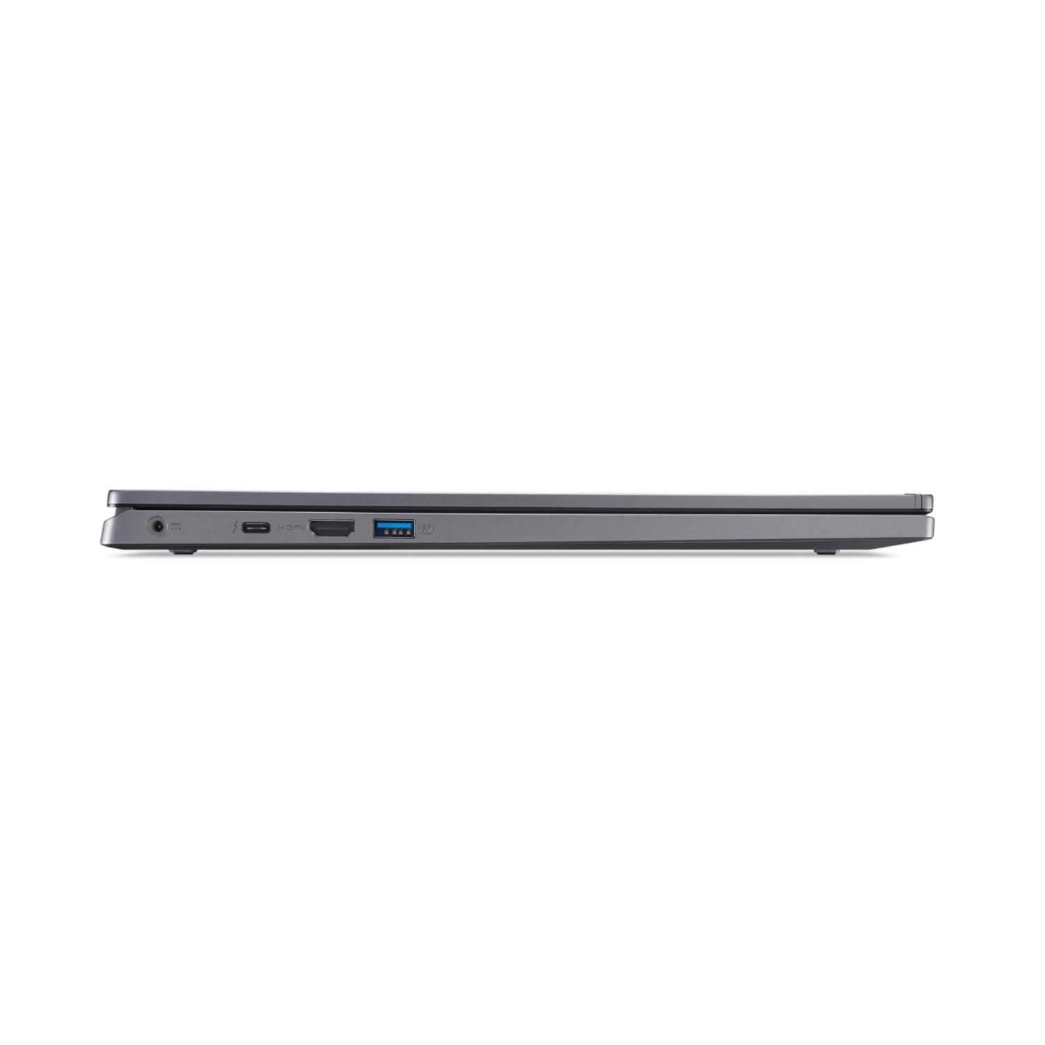 Side profile of a closed silver laptop, showing ports on a black background.