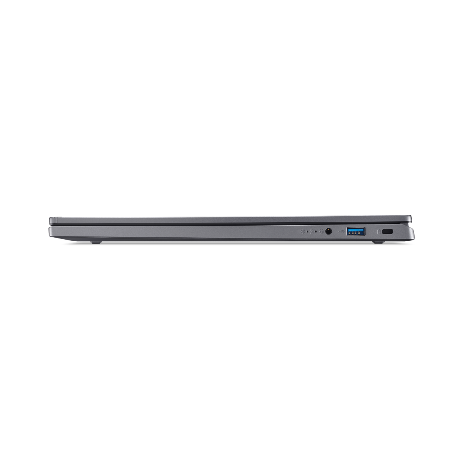 Laptop, side view, closed. Dark gray with ports visible. Black background.