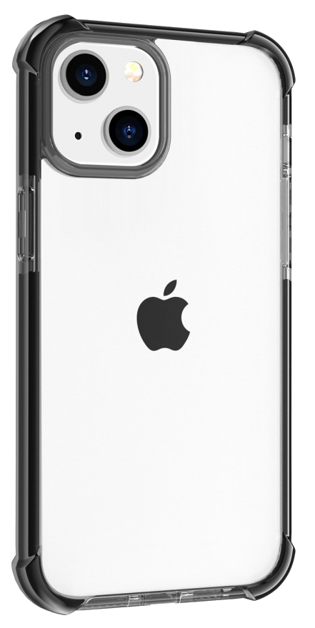 iPhone 13 tok fekete kerettel és átlátszó hátlappal. Apple logó látható. Kamerák is láthatók.