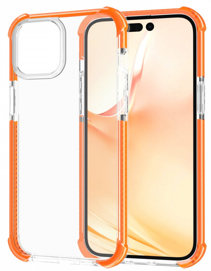 Átlátszó telefontok narancssárga szegéllyel egy barack háttérrel rendelkező telefon körül.