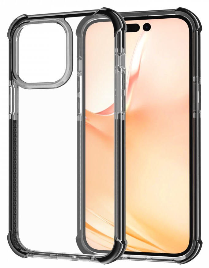 Telefon átlátszó tokban fekete élekkel, a képernyőt mutatva.