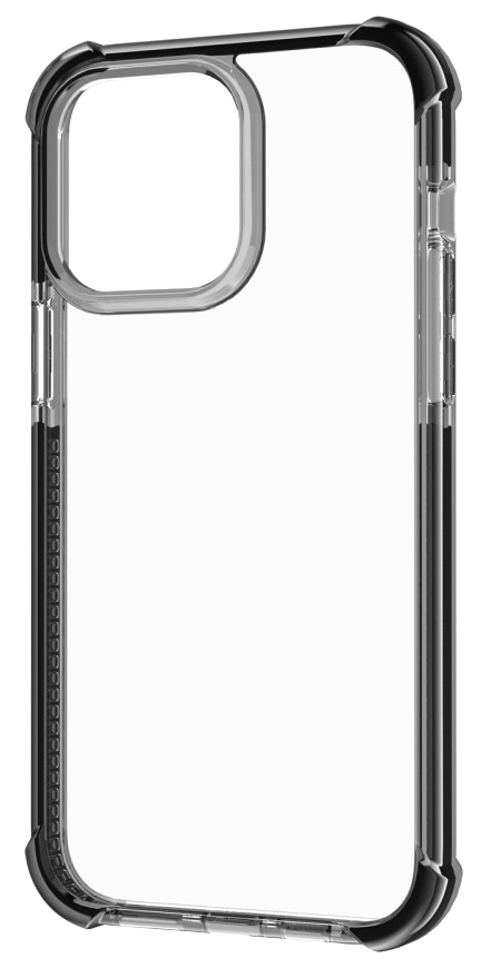 Átlátszó telefontok fekete sarkokkal és fekete kerettel.