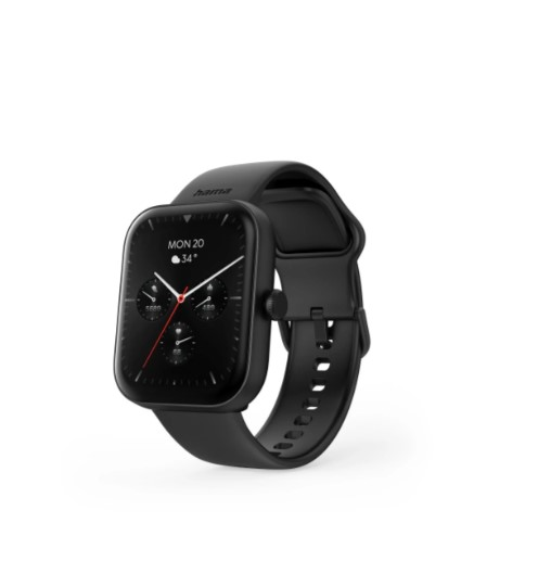 Eine schwarze Hama Smartwatch mit quadratischem Bildschirm, der Datum und Temperatur anzeigt. Die Uhr liegt auf Weiß.