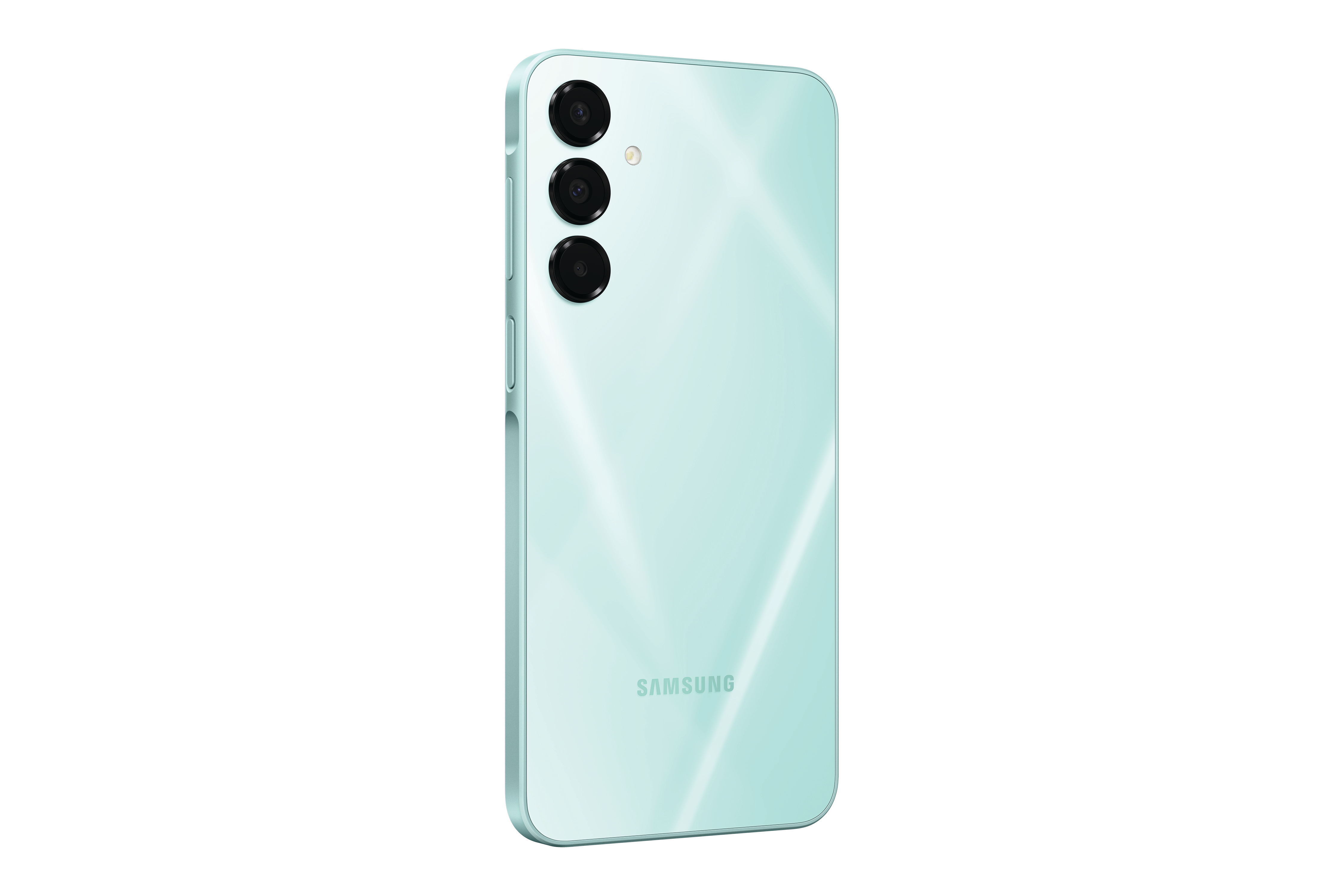 Ein hellblaues Telefon mit drei Kameras auf der Rückseite und dem Samsung-Logo.