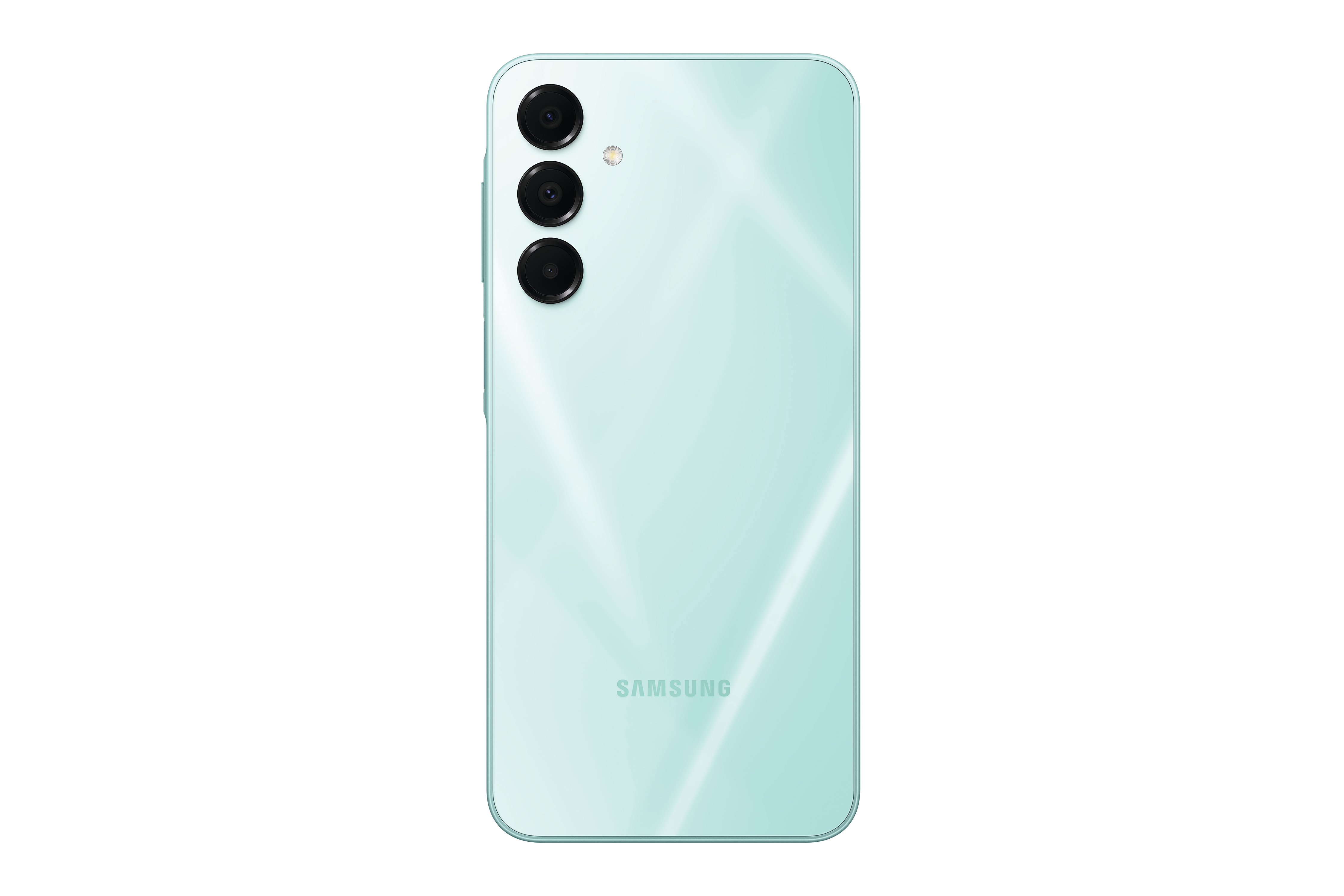 Ein hellgrünes Smartphone mit drei Kameras auf der Rückseite, auf weißem Hintergrund.