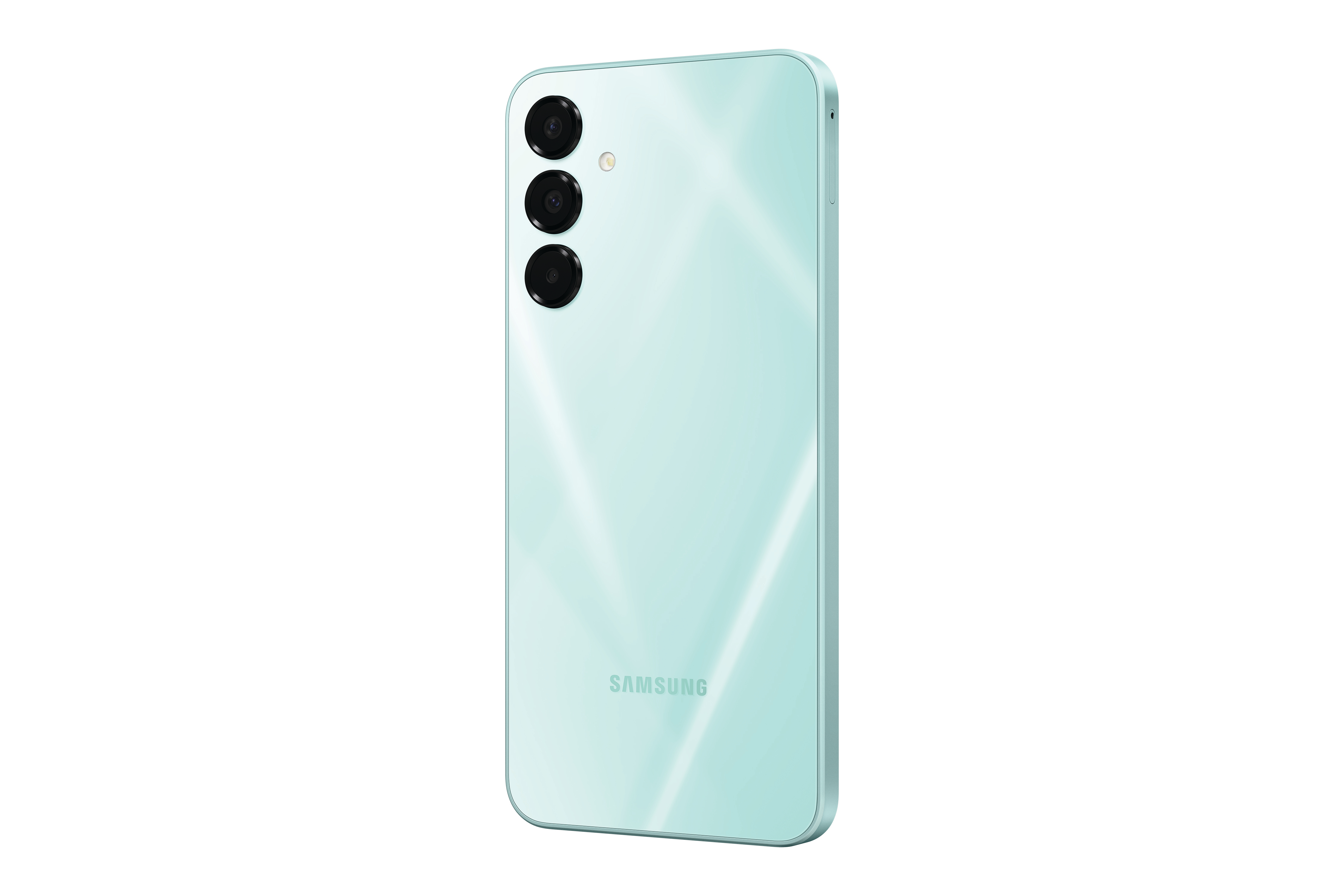 Rückansicht eines hellgrünen Smartphones mit drei Kameras, Samsung-Logo und glänzender Rückseite.