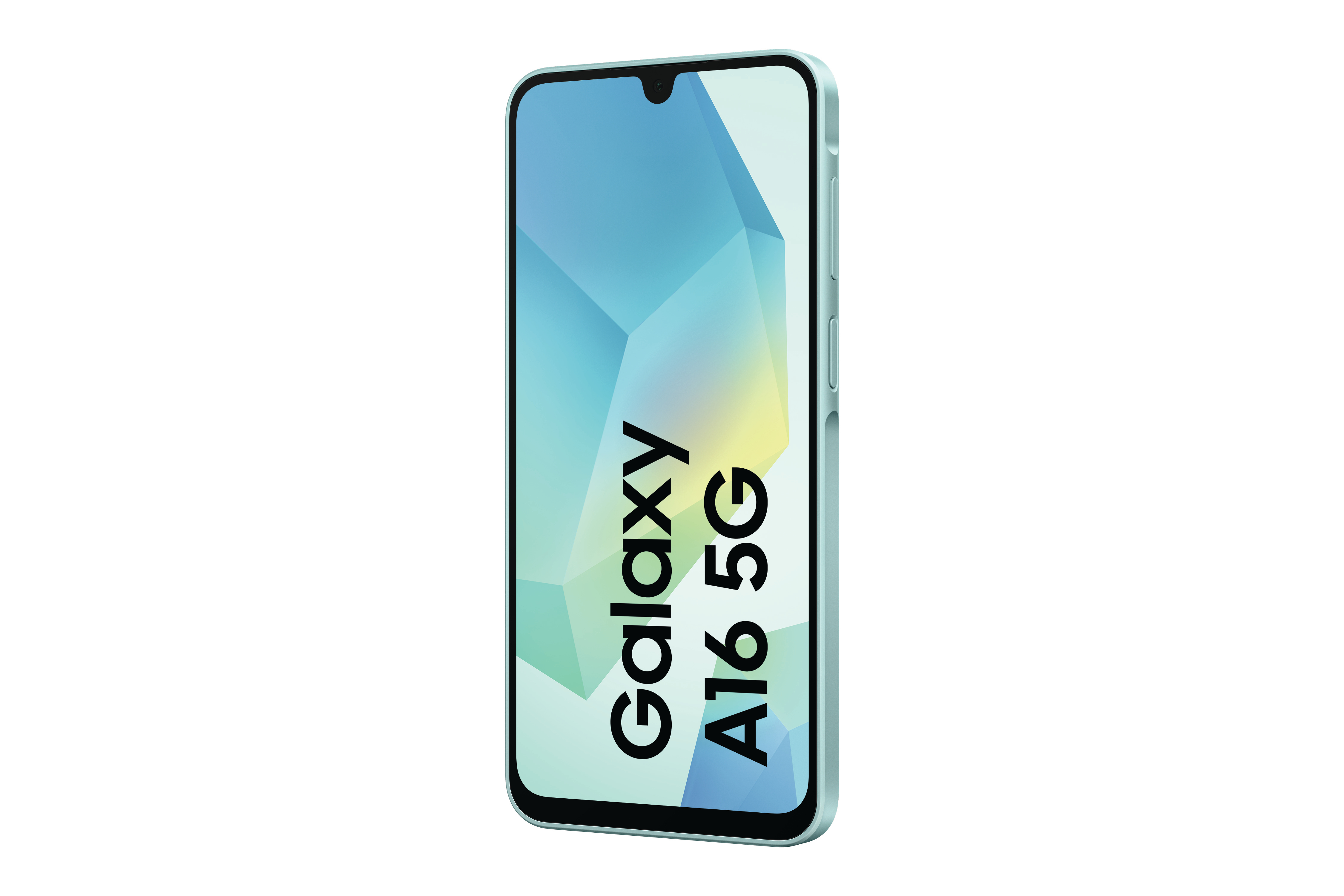 Mintgrünes Telefon mit dem Text 'Galaxy A16 5G' auf dem Bildschirm.
