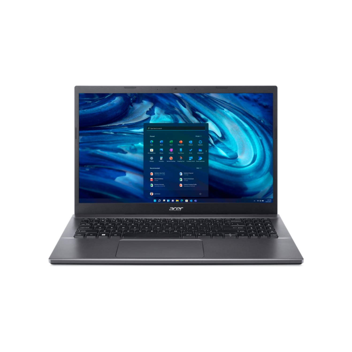 Laptop, grijs, open op zwart oppervlak, toont Windows bureaublad met iconen.