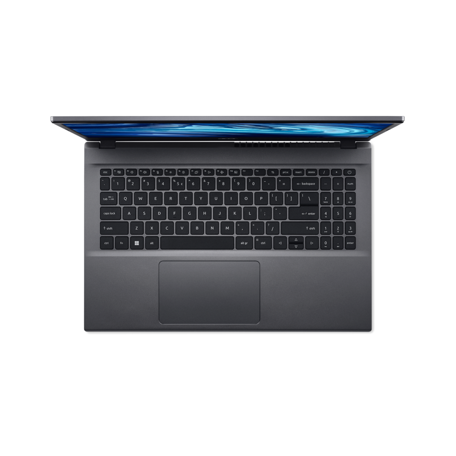 Een laptop, bovenaanzicht, open met een donkergrijze behuizing en een zwart scherm op een zwart oppervlak, waardoor contrast ontstaat.