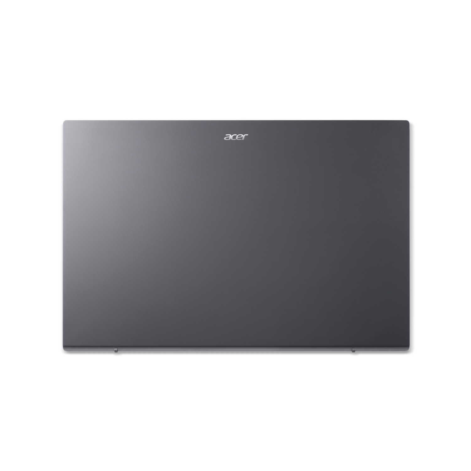 Een grijze laptop, merk Acer, ligt op een zwart oppervlak.
