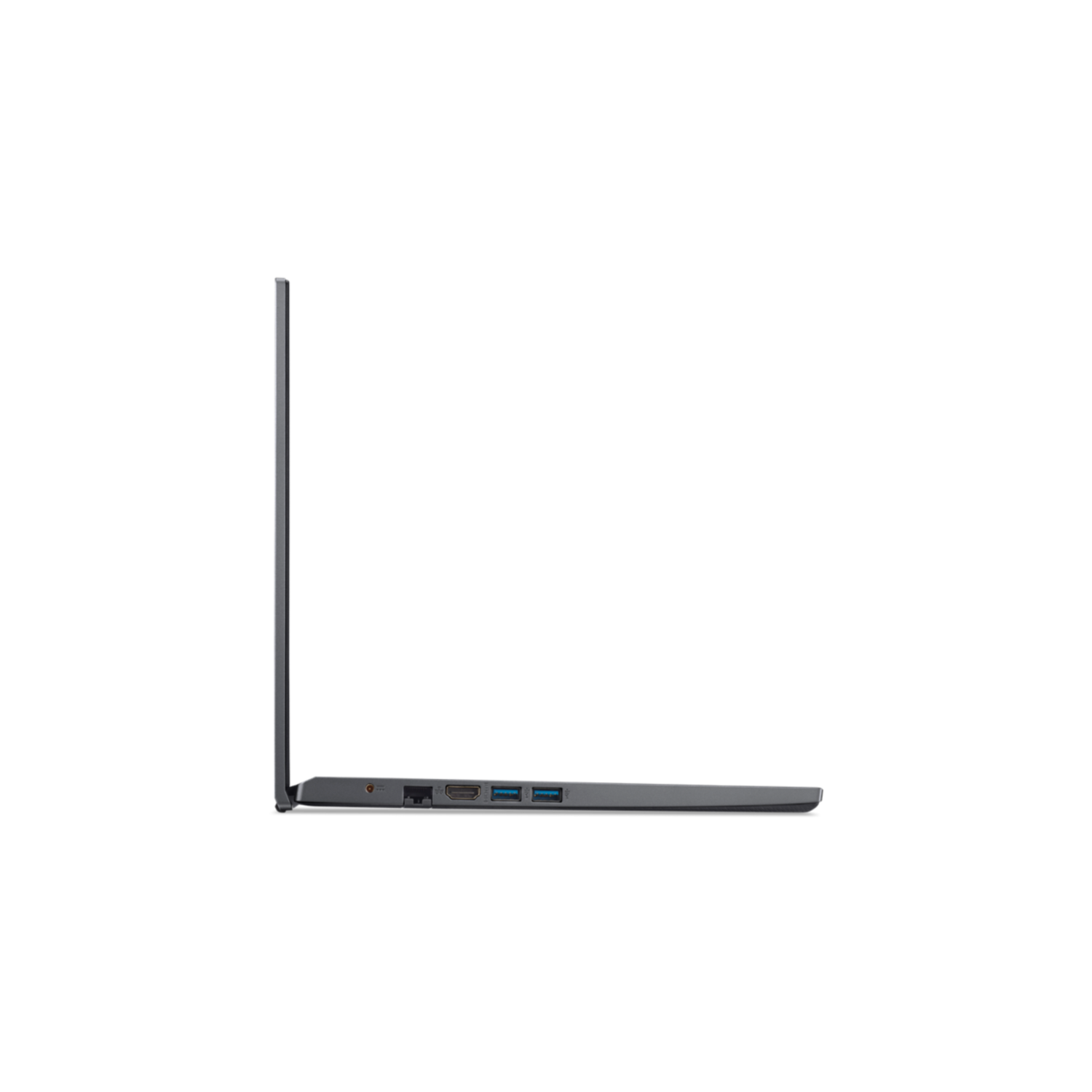 Zijaanzicht van een grijze laptop op een zwarte achtergrond. Poorten zichtbaar aan de zijkant.