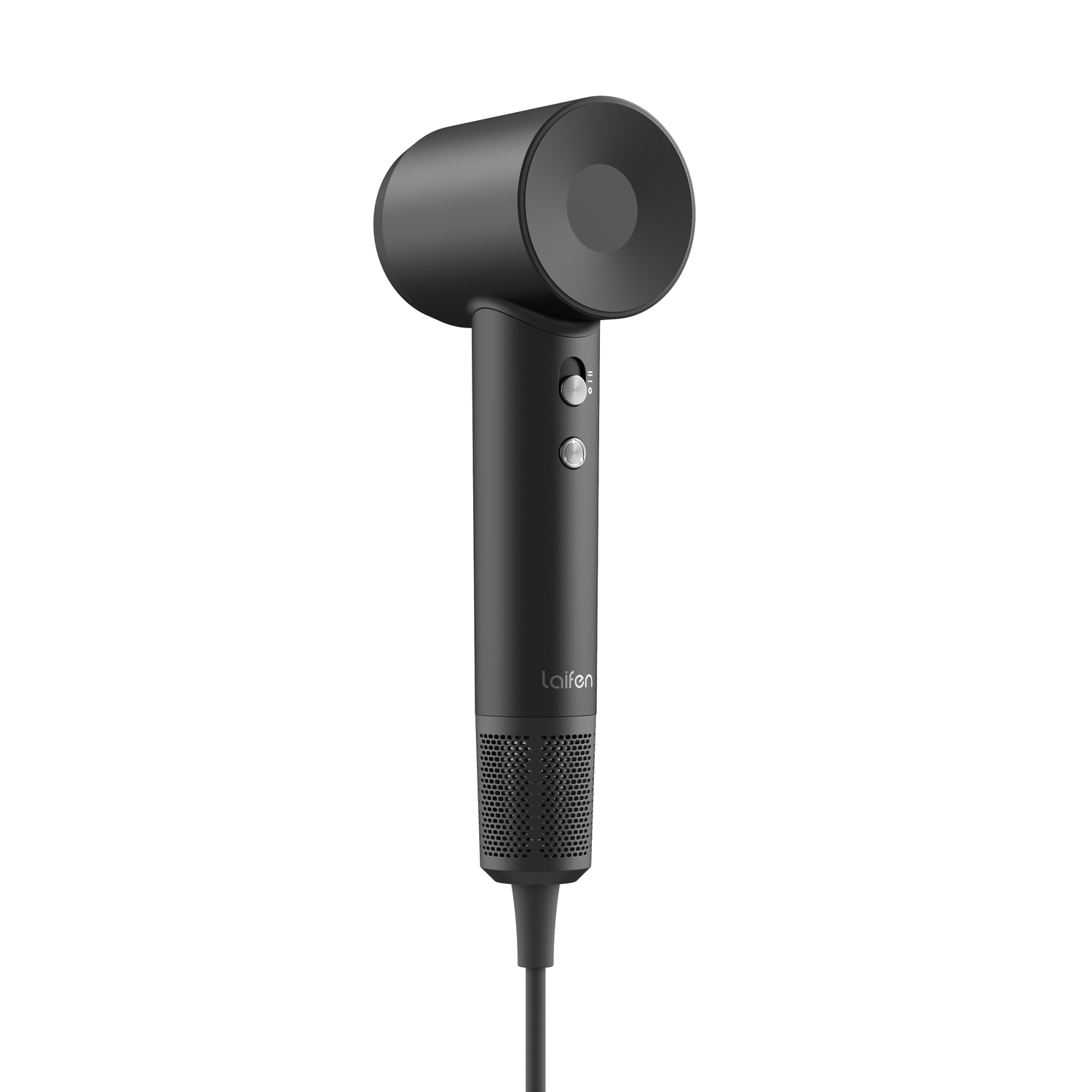 A black hairdryer. It has a nozzle and two buttons on the handle. The brand is Laifen.