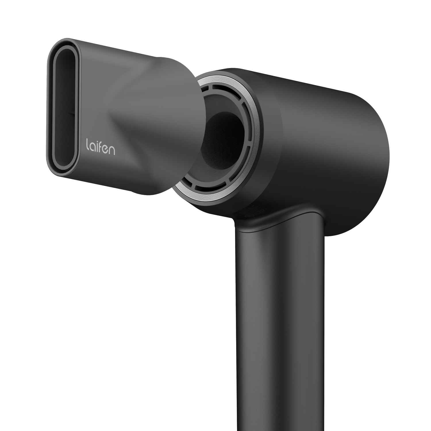 Black hair dryer with a nozzle attached. The nozzle is angled to the left side.