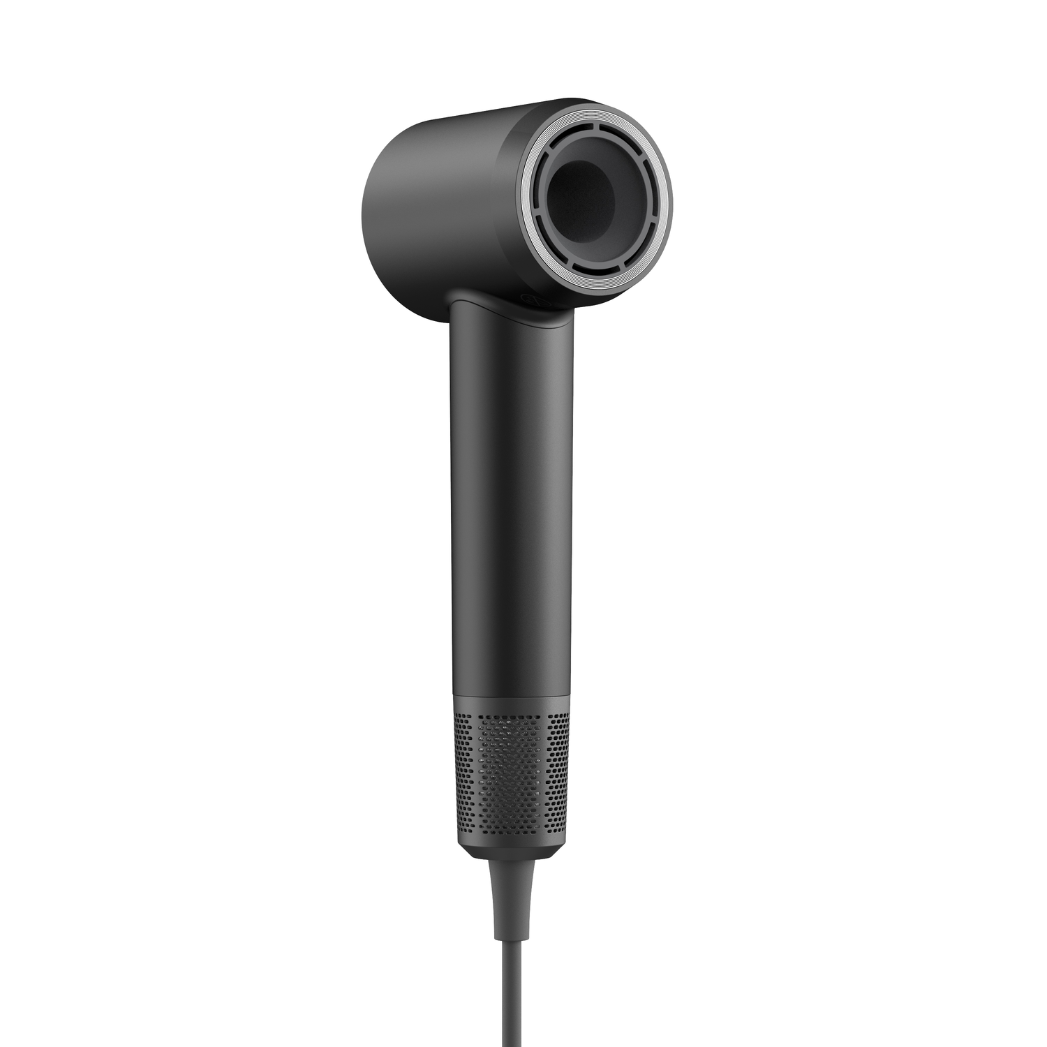 Black hairdryer, top-down view. Shows the nozzle and handle.