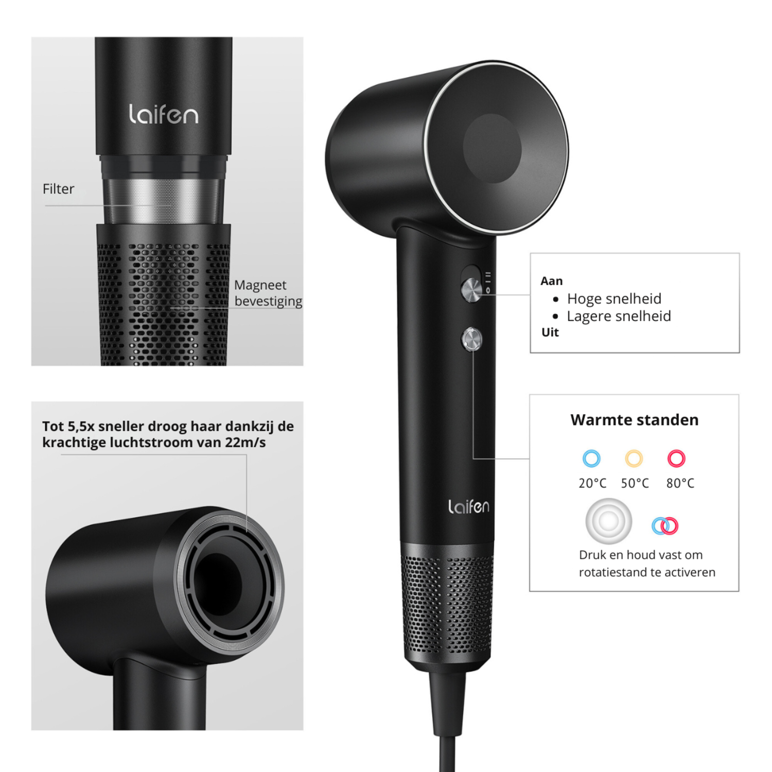 A black hair dryer with details of the filter, and heat settings. Text in Dutch language.