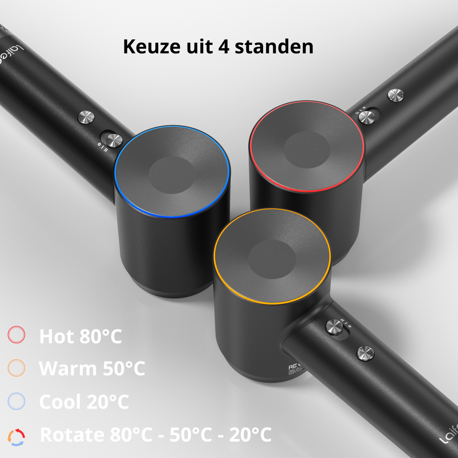 Three black hair dryers with different colored ring accents and temperature options.