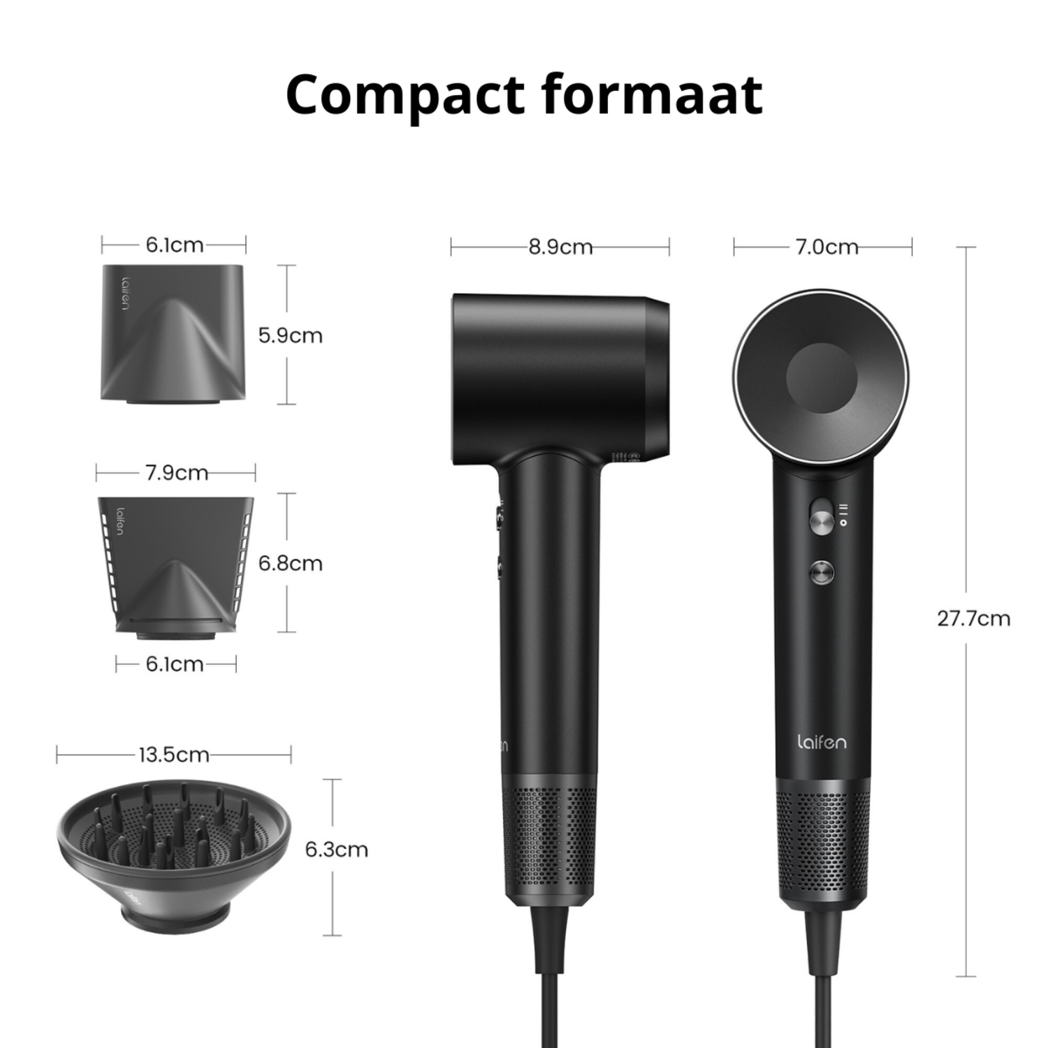 Black hair dryer with accessories and dimensions displayed.